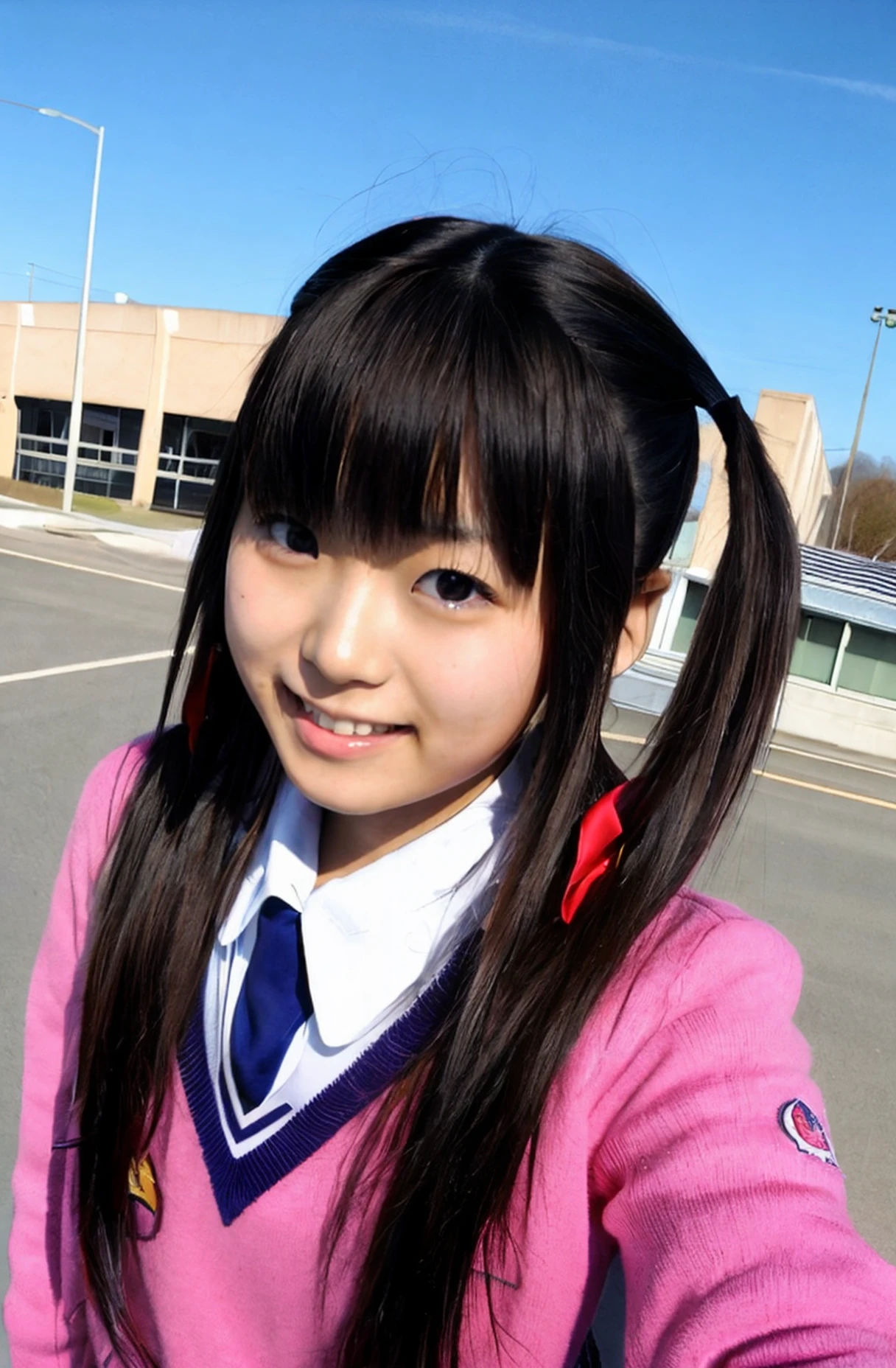 a photo of an 18-year-old cute and petite Japanese woman named idols69, <lora:idols69_V1:0.65>  solo, school uniform, realistic, black hair and bangs and twintails and long hair,black eyes, looking at viewer, grin and detailed teeth, lips,School <lora:flash photography photoV2:0.3>, <lyco:film grainV3:0.3>, (best aesthetic:1.2) and (best quality:1.2) and (photorealistic:1.4) and (Realistic:1.4) and detailed skin textures and detailed skin pores and high skin detail,Sunlight