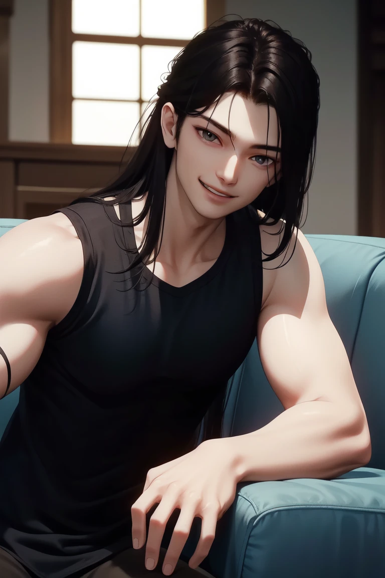 masterpiece,  best quality, highres, ultra-detailed, 1boy, 17 years old boy, black hair, long hair, grey eyes, looking at the viewer, shiny lips, semi-realistic, smiling at the viewer, black skin tight tank top, big biceps, smirk, resting on the couch, perspective shot, <lora:flawlessHusbandoSkin:0.6>
