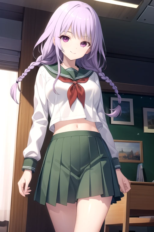 ((masterpiece)),(best quality),official art,extremely detailed CG,unity 8k wallpaper,ultra detailed,beautiful detailed eyes,extremely detailed face,1girl,solo,cowboy shot,looking at viewer,facing viewer,smile,long hair,purple hair,twin braids,bangs,purple eyes,school uniform,serafuku,green sailor collar,long sleeves,white shirt,medium breasts,red neckerchief,navel,green skirt,pleated skirt,socks,loafers,<lora:Soraji Tsubaki(rk)>,