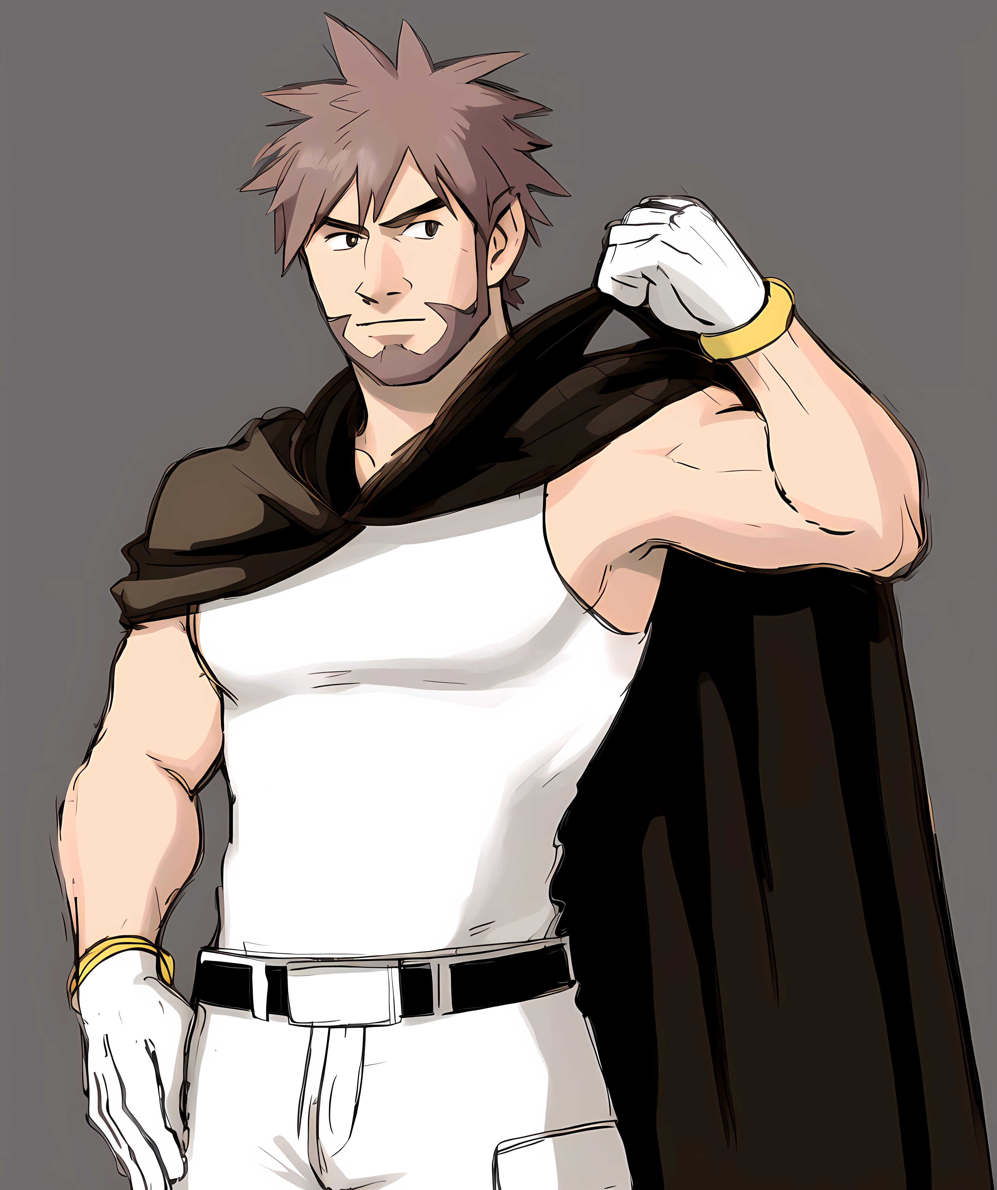 byron_pokemon, (standing), muscular, (beard, brown spiked hair), white gloves, (grey long pants, white tank top, cape), simple background, looking at viewer <lora:Byron-15:0.85> sugimori ken \(style\) <lora:pokemon_v3_offset:0.9>