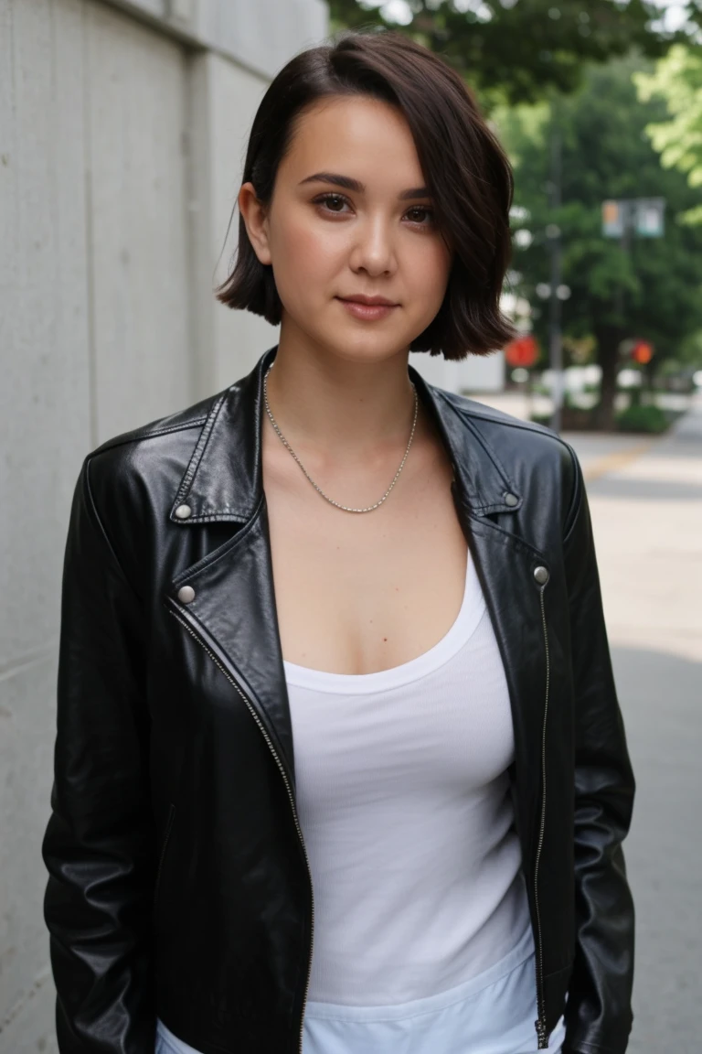 <lora:mondongo_LoRA_LondonThor:1> mndngwmn, short hair, (3/4 body), wearing a leather jacket, on the street