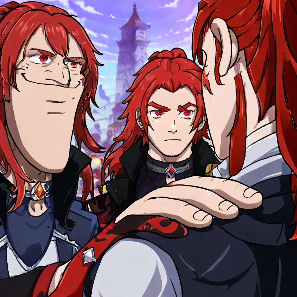 a cartoon diluc (genshin impact), 1boy, long hair,ponytail,sidelocks, red hair,red eyes, choker,gloves, black pants, belt, long sleeves, vest, coat, shirt, , <lora:memehand:0.85> <lora:diluc2_xl:0.7>