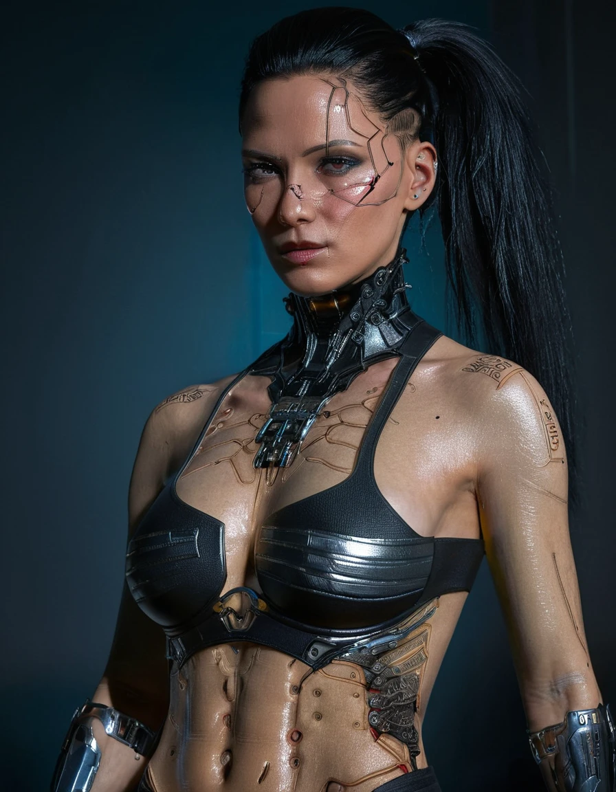 <lora:962D832DF1:1> Super high res candid photograph of a woman with black hair standing as a cyberpunk heroine ,hair slicked back, (she has cyberware lines embedded in her face), her chest is embedded with ((mechanical implants under her chest skin)), skin ripped open,  mechanical arm, (detailed body),   ,cinematic, high quality, looking at the camera