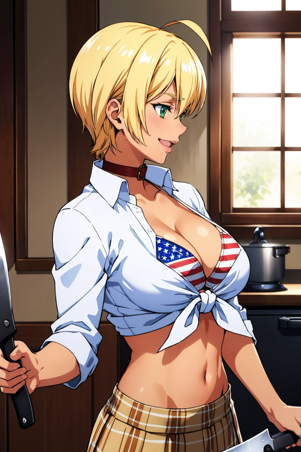 masterpiece, best quality, <lora:ikumimito-nvwls-v1-000010:0.9> mito ikumi, blonde hair, dark skin, collar, white shirt, tied shirt, american flag bikini, cleavage, plaid skirt, midriff, large breasts, holding cleaver, cleaver, knife, kitchen, smile, grin, evil grin, profile