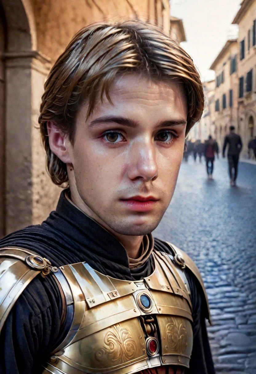 Portrait Photo a portrait, natural and hyperdetailed photography, a  man  in old of Rome, armor star wars , in street in city, realistic dark blonde hair, very detailed Clothes, (precise image:1.4) , pale skin,(many details in background)(cinematic ambient:1.4) (perfil:1.3)