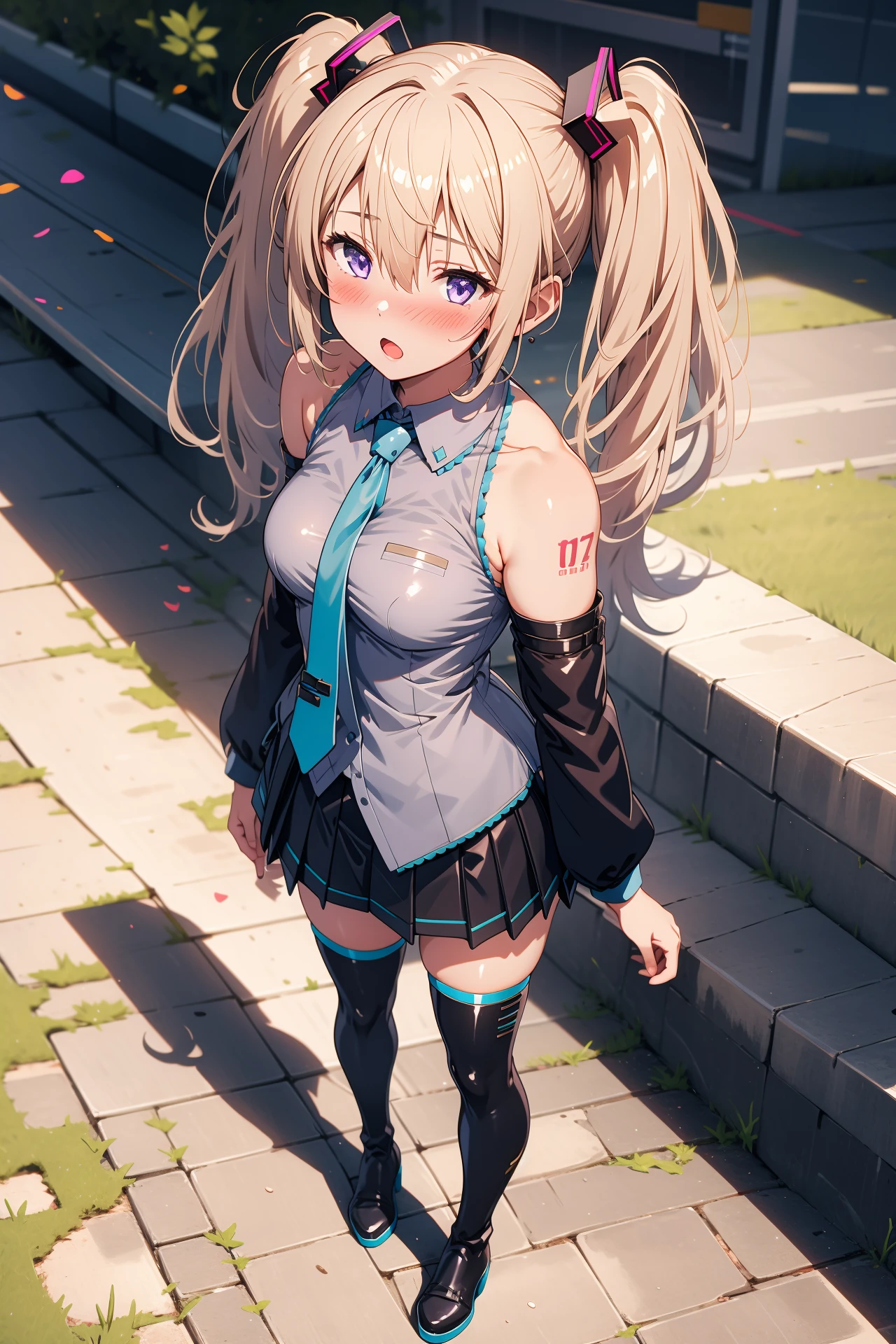 1girl, solo, outdoors, street, looking at viewer, (masterpiece:1.2), best quality, high resolution, unity 8k wallpaper, (illustration:0.8), (perfect hands, perfect anatomy), standing, shiny hair, shiny skin, medium breasts, :o, arms at side, sasha necron, blonde hair, low twintails, hair between eyes, purple eyes, hair ribbon, miku outfit, sleeveless shirt, grey shirt, detached sleeves, necktie, arm tattoo, skirt, thighhighs, thigh boots, from above