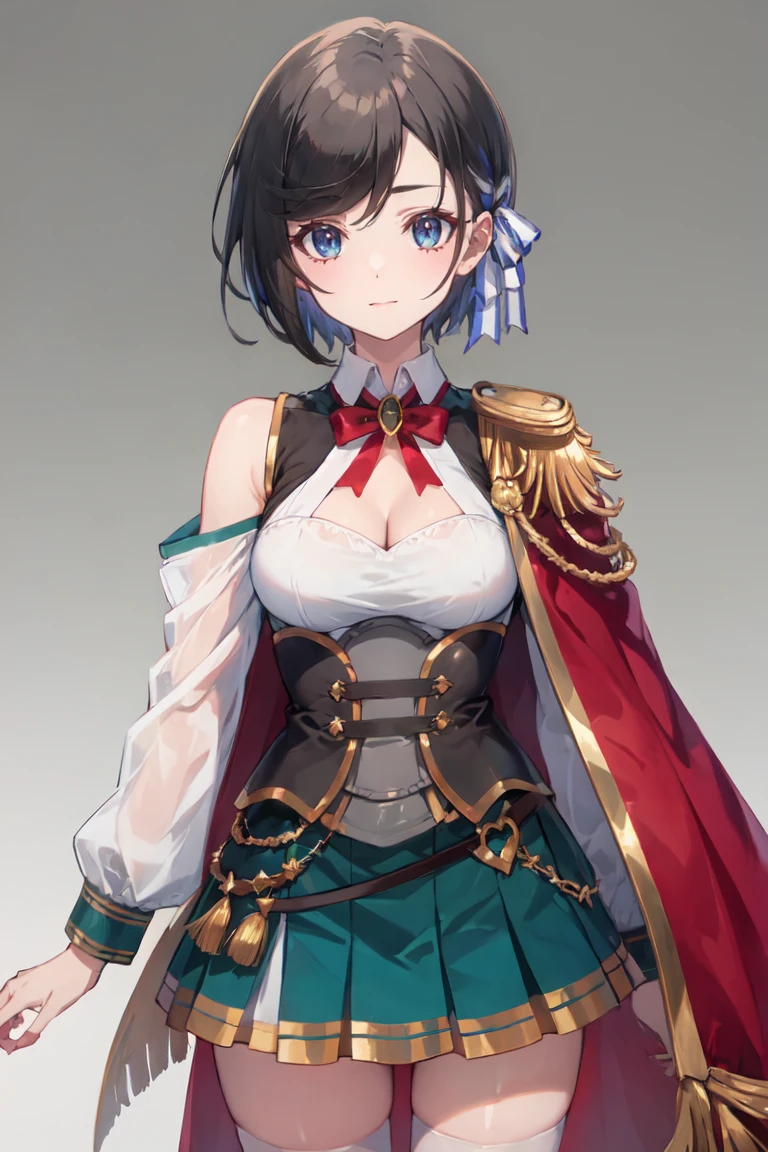 masterpiece, best quality, ultra-detailed, glistening shiny, glowing light, ray tracing, HDR, deph of field, (perfect face, detailed face), <lora:RafinhaBilford:0.8>, rafinha, short hair, white hair ribbon, white shirt, corset, green skirt, cleavage cutout, shoulder cutout, long sleeves, red cape, epaulettes, red bowtie, white thighhighs, standing