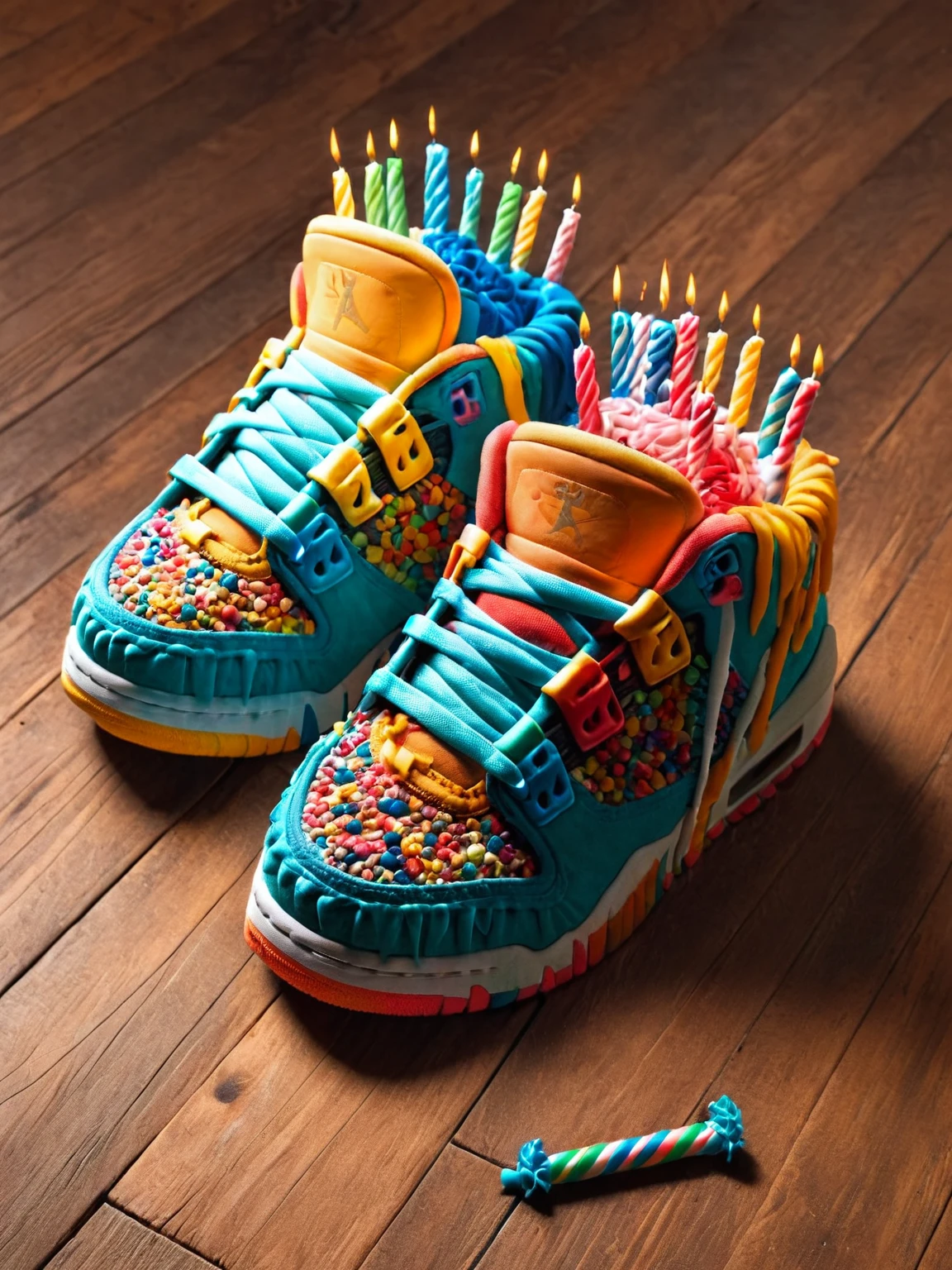 A pair of ais-bday sneakers on a wooden floor <lora:Birthday_Style_SDXL:1>