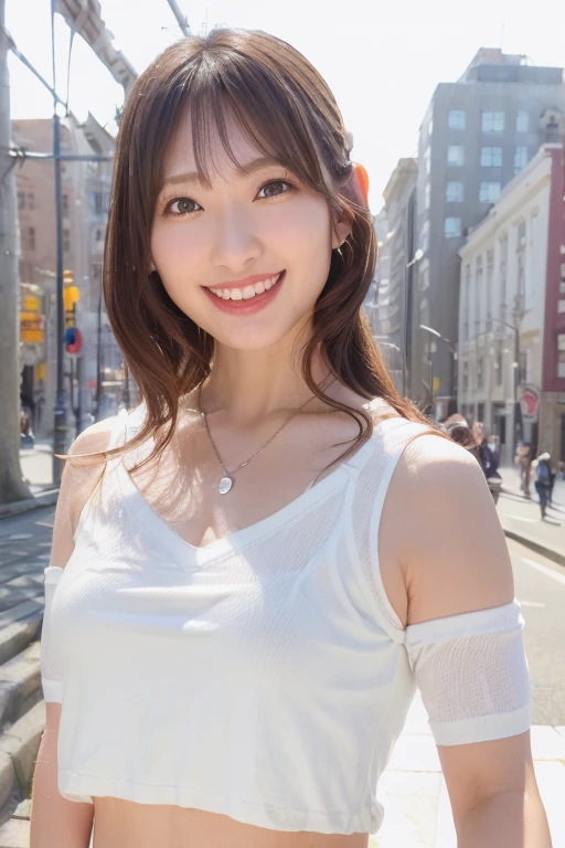 1girl, (white seamless camisole, cropped top:1.8),(sleeveless, off shoulder:1.4),(RAW photo, best quality), (realistic, photo-realistic:1.4), masterpiece, an extremely delicate and beautiful, extremely detailed, 2k wallpaper, Amazing, finely detail, extremely detailed CG unity 8k wallpaper, ultra-detailed, highres, soft light, beautiful detailed girl, extremely detailed eyes and face, beautiful detailed nose, beautiful detailed eyes,(cinematic lighting:1.4),(in the city:2.0),perfect anatomy,(slender body:1.6),(close up face:2.0),(laugh, friendly, warm:2.0),(looking at viewer:1.8),(japanese idol:1.8),(wavy light brown long hair:1.8), (brown eyes:1.8),(dynamic posing:1.8), <lora:shiraishiharuka_lora-10:0.8>
