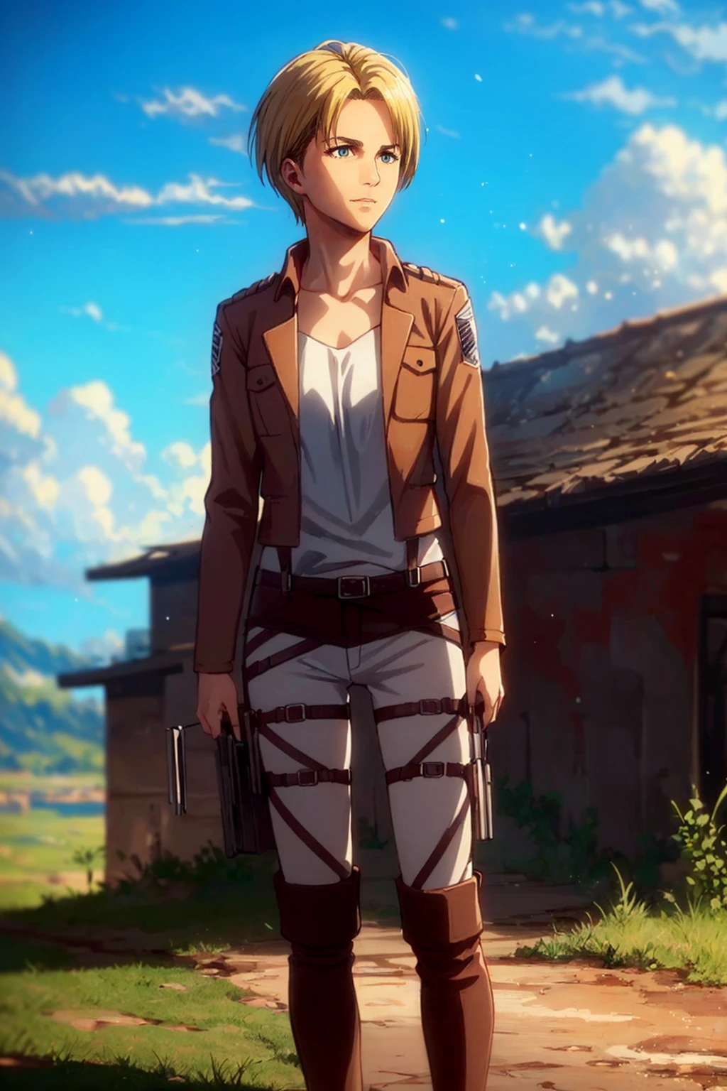 1girl,  solo,  Nanaba,  Attack on Titan,  blue eyes,  wore standard Survey Corps uniform with a light-colored v-neck underneath,  (blond hair,  short hair),  petite build,  beautiful,  handsome female,  charming,  alluring,  gentle expression,  soft expression,  calm,  smile (standing),  (full body in frame),  simple background,  green plains,  sky,  early mornig,  daylight,  dawn light,  cinematic light,  perfect anatomy,  perfect proportions,  8k,  HQ,  HD,  UHD,  (best quality:1.5,  hyperrealistic:1.5,  photorealistic:1.4,  madly detailed CG unity 8k wallpaper:1.5,  masterpiece:1.3,  madly detailed photo:1.2),  (hyper-realistic lifelike texture:1.4,  realistic eyes:1.2),  picture-perfect face,  perfect eye pupil,  detailed eyes,  dynamic,  (dutch angle),  (side view),  AttackonTitan, perfecteyes,  Nanaba, 1 girl,<lora:EMS-498-EMS:0.200000>,<lora:EMS-269932-EMS:0.600000>,<lora:EMS-1093-EMS:0.600000>