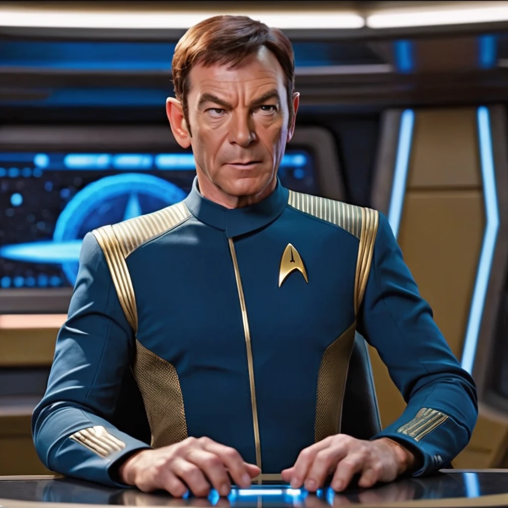 breathtaking <lora:captain_lorca_100x100:0.45>,  captain lorca, man, star trek uniform, blue, in the bridge of uss discovery  . award-winning, professional, highly detailed