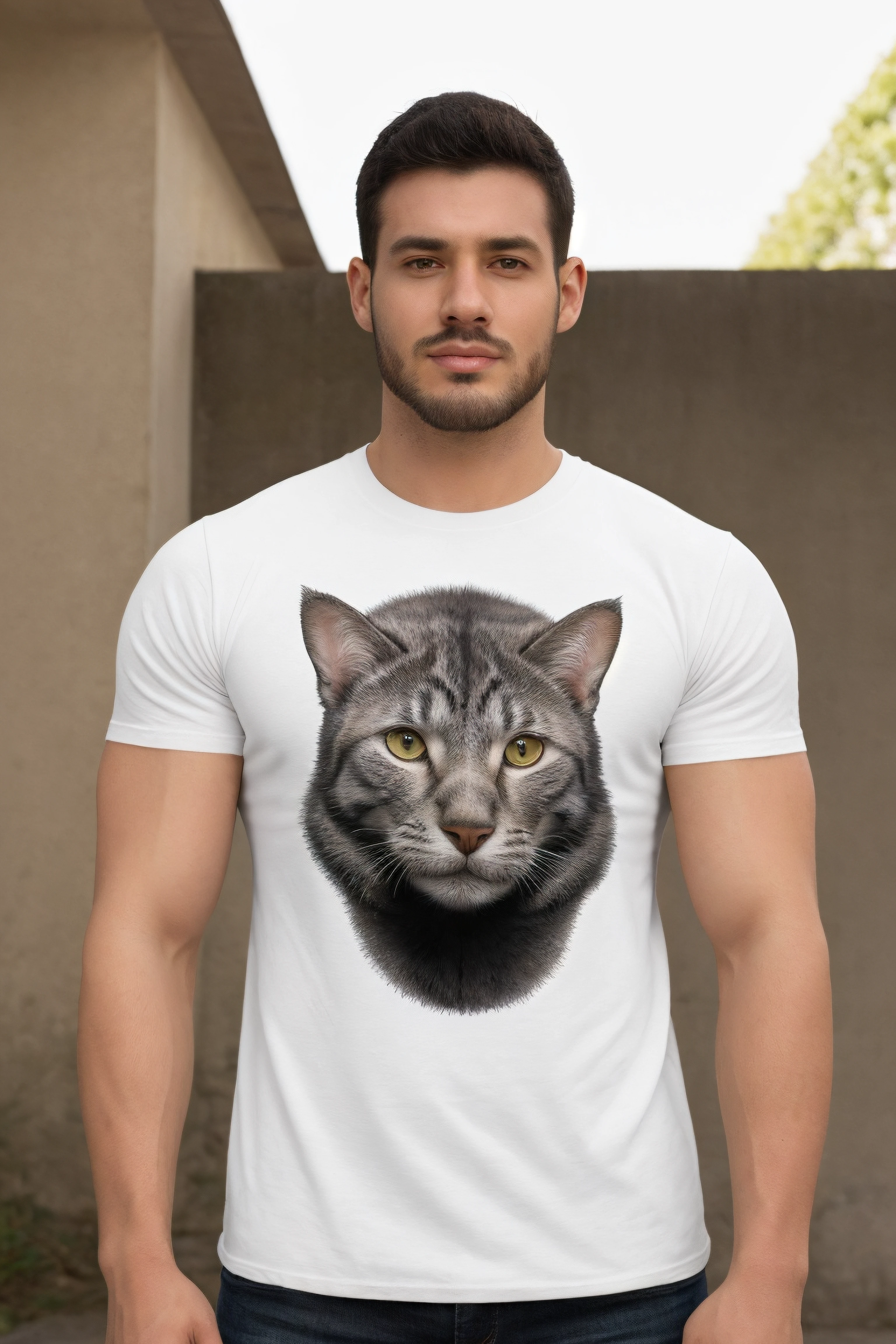 1male, face, realistic, ultra quality, highly detailed, ultra HD realistic, ultra quality, highly detailed, ultra HD, <lora:T-shirtsMale:0.6>, (t-shirt white), cat and dog dog print,