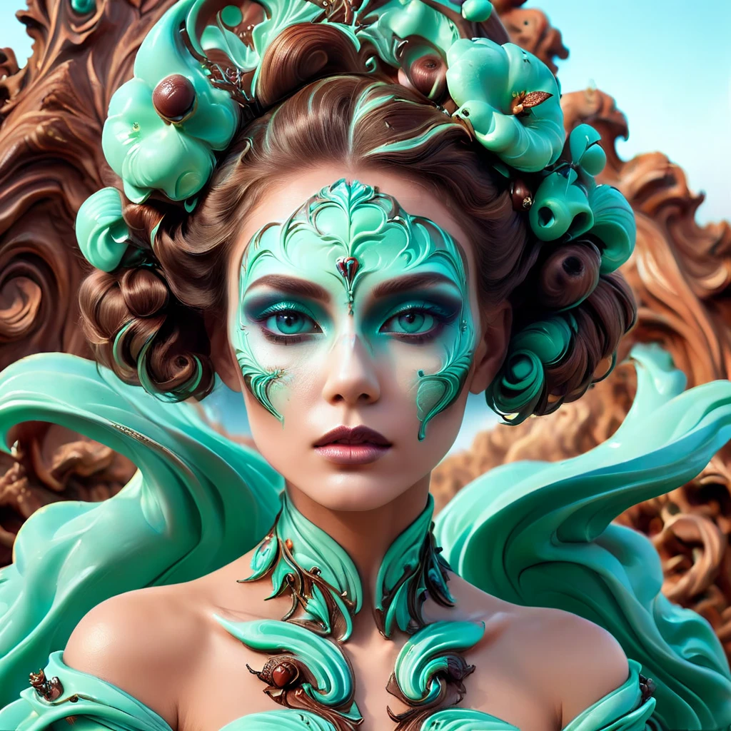 The portrait of a stunningly beautiful, graceful, elegant, and sophisticated young woman with noc-mntch makeup, inspired by rococo art and fashion photography with intricate details in an alien landscape <lora:noc-mntch:1>
