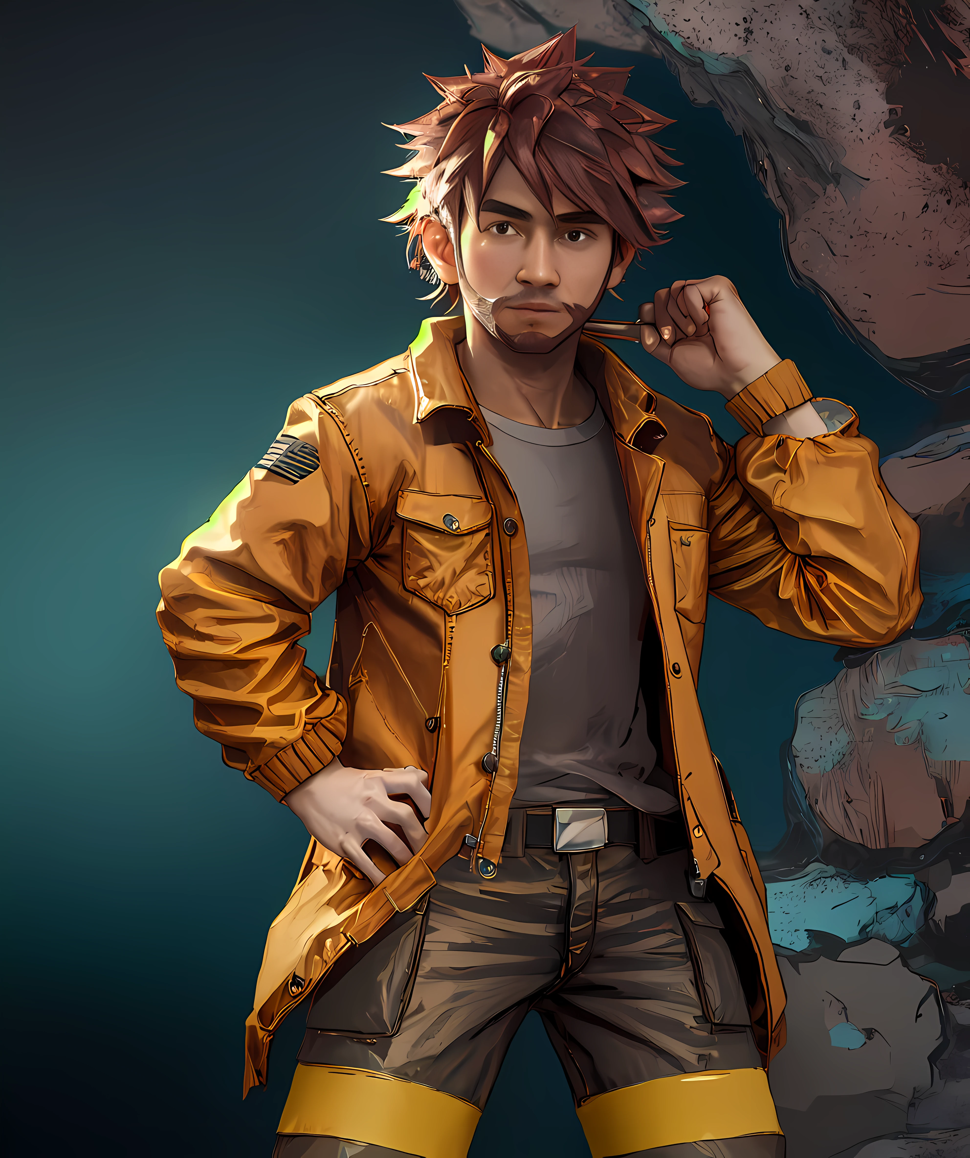 byron_pokemon, (standing), muscular, (beard), (mining jacket, mining outfit), cavern, looking at viewer <lora:Byron-15:0.95>