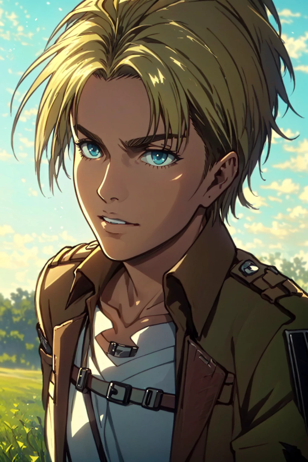 1girl,  solo,  Nanaba,  Attack on Titan,  blue eyes,  wore standard Survey Corps uniform with a light-colored v-neck underneath,  (blond hair) short light hair,  petite build,  beautiful,  handsome female,  charming,  alluring,  gentle expression,  soft expression,  calm,  smile (standing),  (upper body in frame),  simple background,  green plains,  sky,  dawn light,  cinematic light,  perfect anatomy,  perfect proportions,  8k,  HQ,  HD,  UHD,  (best quality:1.5,  hyperrealistic:1.5,  photorealistic:1.4,  madly detailed CG unity 8k wallpaper:1.5,  masterpiece:1.3,  madly detailed photo:1.2),  (hyper-realistic lifelike texture:1.4,  realistic eyes:1.2),  picture-perfect face,  perfect eye pupil,  detailed eyes,  dynamic,  (dutch angle),  (sode view),  AttackonTitan, perfecteyes,  Nanaba , 1 girl,<lora:EMS-498-EMS:0.200000>,<lora:EMS-269932-EMS:0.800000>,<lora:EMS-1093-EMS:0.600000>