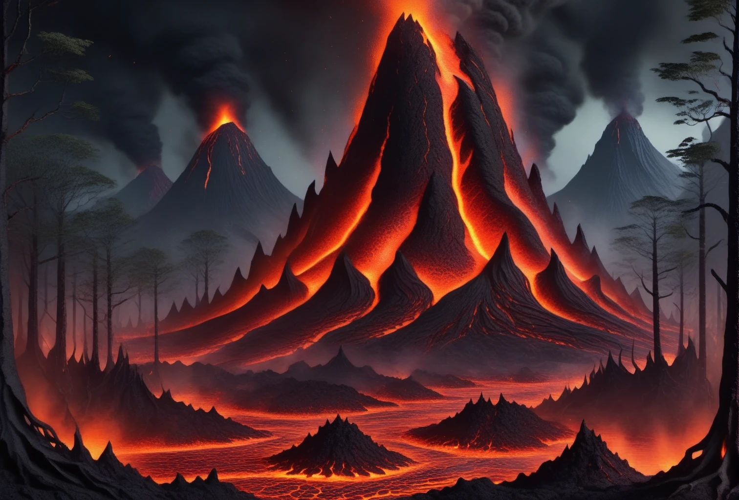 <lora:World_of_Brimstone_XL:1> worldofbrimstone, scifi, forest with mountains and lava,