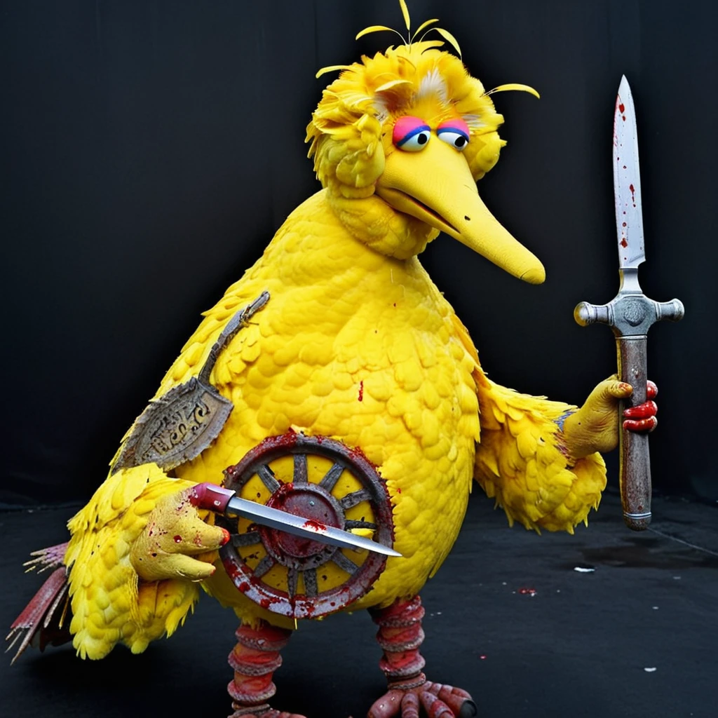 Steampunk style Bigbird1024, a giant yellow bird holding a big bloody knife, horror, dark <lora:Bigbird1024-000255:0.8> . Antique, mechanical, brass and copper tones, gears, intricate, detailed