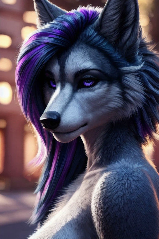 ASCIIFemale, (((anthro))), (((fluffy female wolf, dark blue with bright purple highlights, side cut hairstyle, intricate hair style)))detailed, ambient light, (detailed lighting), (ambient light on the body),(((sharp focus, masterpiece, 8k, 4k, raw photo, best quality, hi res, high resolution, high details, ultra realistic, absurd res, ray tracing))), (eyelashes), (tail),