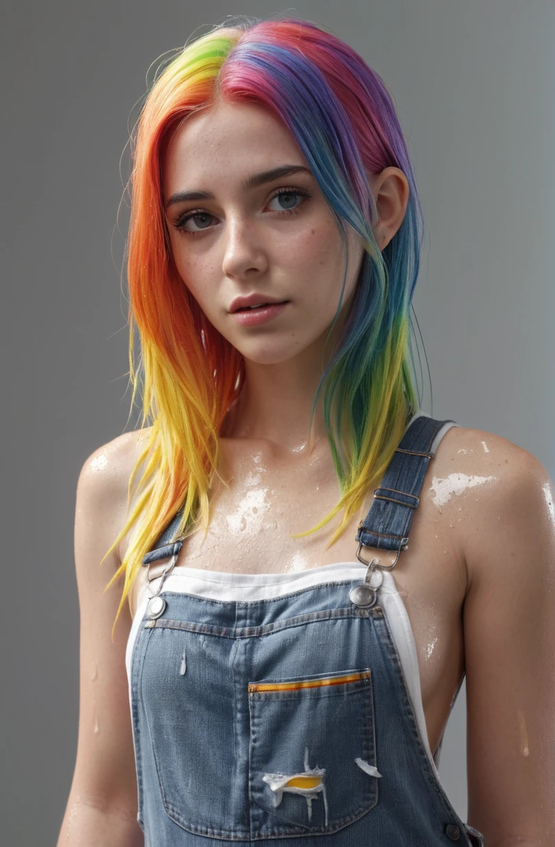 flamboyant young women,
<lora:add-detail-xl:1> hyperrealistic 3d render of a grungy woman with rainbow hair, soft eyes and narrow chin, dainty figure, long hair straight down, torn overalls, basic white background, side boob, wet shirt, wet, raining, dim volumetric lighting, 8k octane beautifully detailed render, post-processing, portrait, extremely hyper detailed, intricate