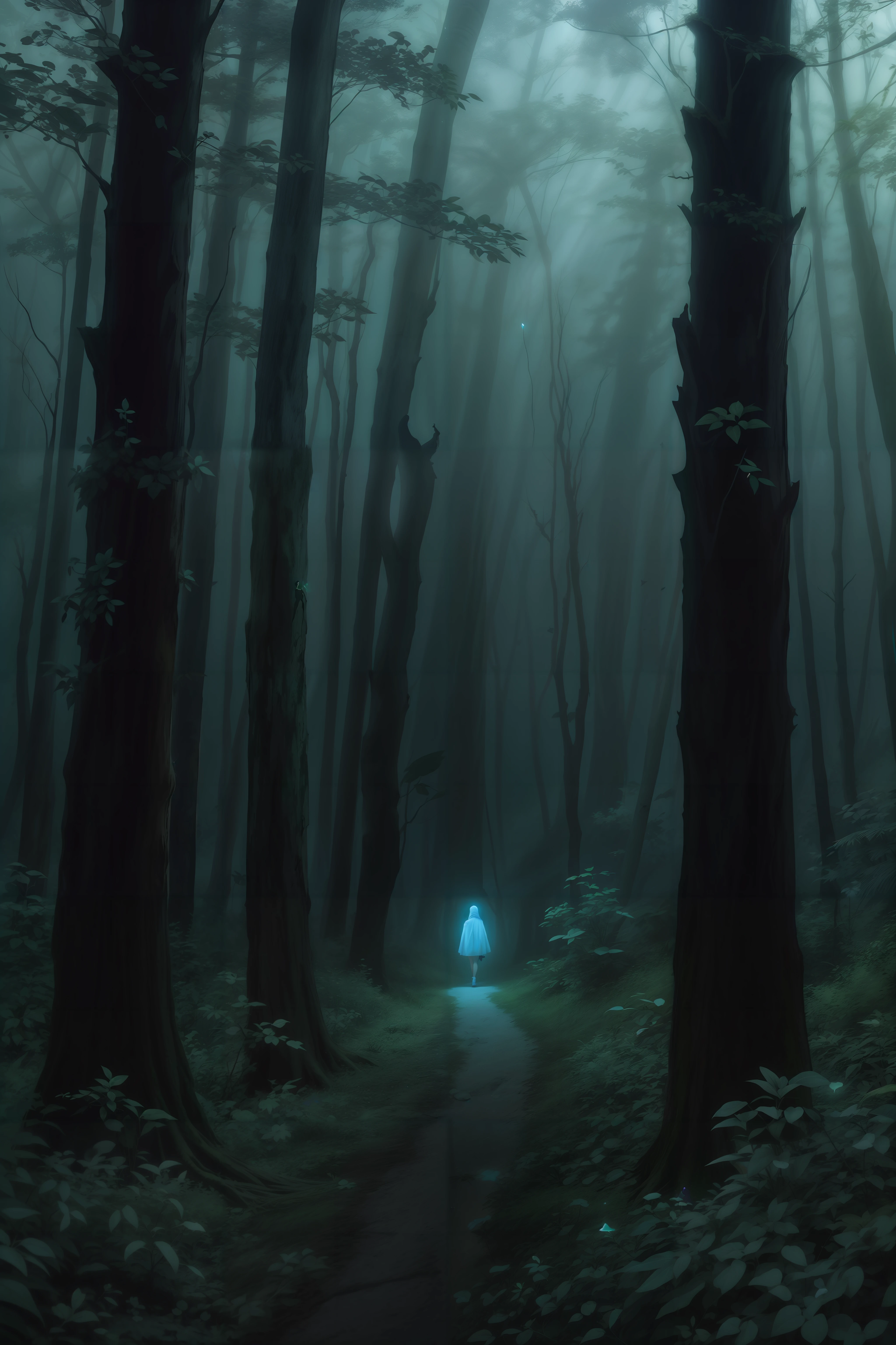A lone wanderer, cloaked in shadows, navigates an otherworldly forest filled with bioluminescent flora. In the distance, an ethereal glow beckons, revealing a hidden realm. Describe the wanderer's emotions and the mysteries awaiting discovery in this fantastical forest.