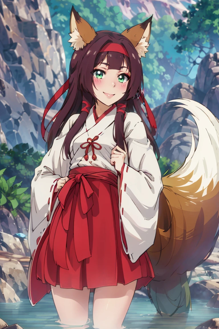 ((masterpiece,best quality)), absurdres,
<lora:Isekai_Onsen_Paradise:0.8>,
1girl, long hair, blush, skirt, black hair, ribbon, animal ears, green eyes, tail, sidelocks, hairband, outdoors, japanese clothes, wide sleeves, water, fox ears, fox tail, fox girl, ribbon trim, hakama, hakama skirt, partially submerged, ribbon-trimmed sleeves, miko, red hairband, red hakama,
looking at viewer, smile,