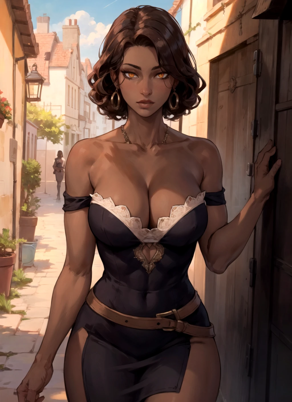 beautiful woman, curly dark brown hair, dark skin, orange eyes, short medieval dress, bare shoulders, exposed cleavage, collarbone, medieval city, dusty cobblestone street, (solo), realistic