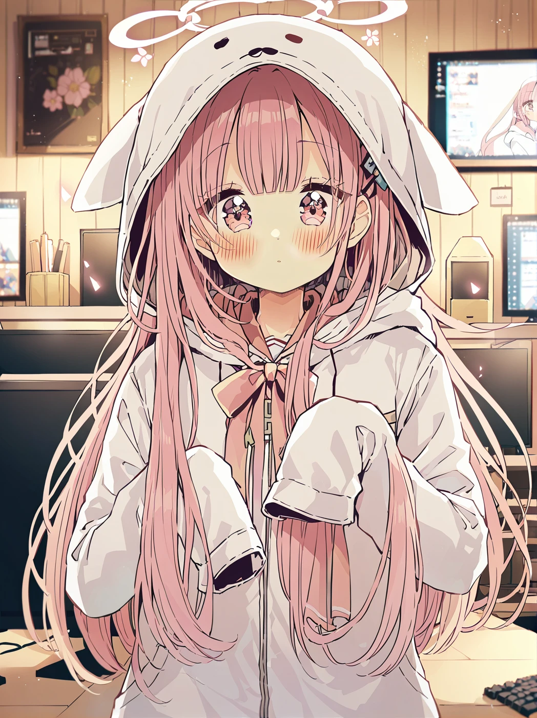 masterpiece,best quality,highest quality,best anatomy,sakura oriko,<lora:OPP 0J00SSDXL_LoHA>,1girl,solo,long hair,hood,pink hair,sleeves past wrists,blush,closed mouth,bangs,very long hair,jacket,upper body,virtual youtuber,long sleeves,hooded jacket,looking at viewer,hood up,indoors,white jacket,red eyes,white shirt,halo,sleeves past fingers,shirt,pink eyes,monitor,ribbon