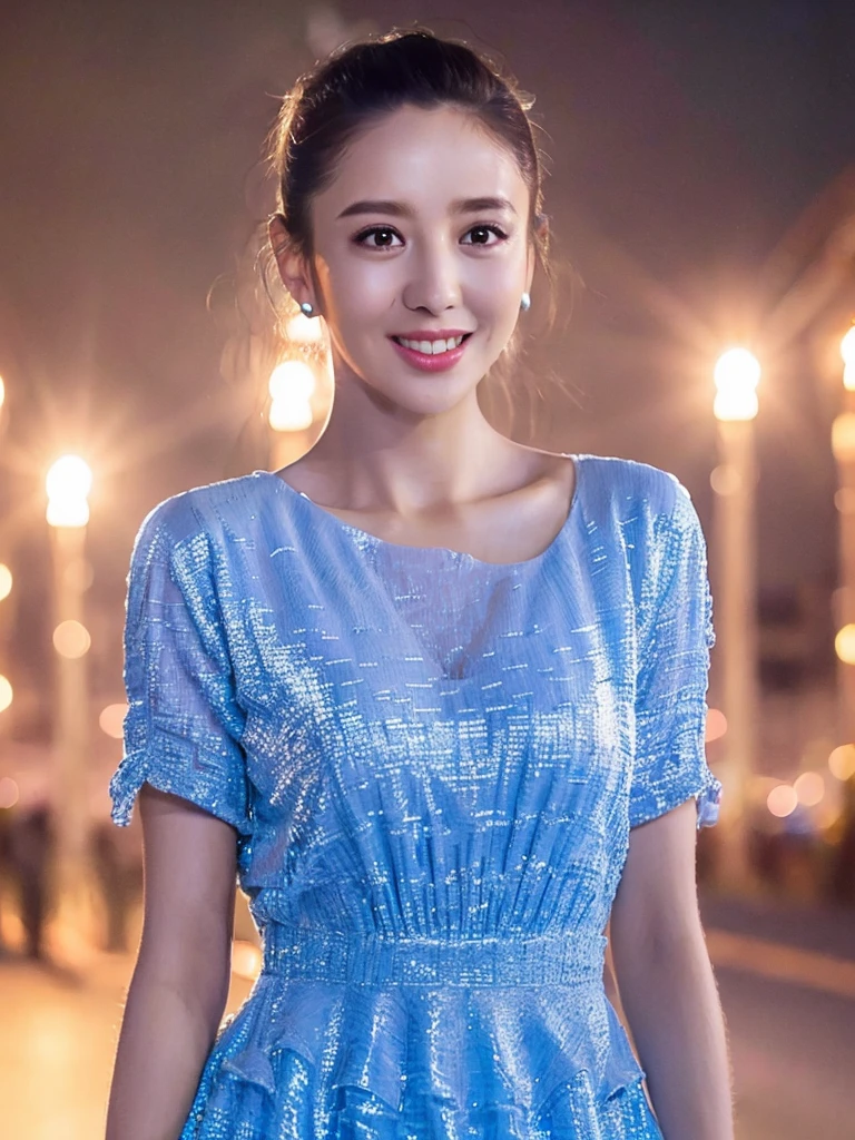 1girl,(wearing a modest dress:1.3),(RAW photo, best quality), (realistic, photo-realistic:1.4), masterpiece, an extremely delicate and beautiful, extremely detailed, 2k wallpaper, Amazing, finely detail, extremely detailed CG unity 8k wallpaper, ultra-detailed, highres, soft light, beautiful detailed girl, extremely detailed eyes and face, beautiful detailed nose, beautiful detailed eyes,cinematic lighting,city lights at night,perfect anatomy,slender body,smiling <lora:Tongliya_V1:0.9>