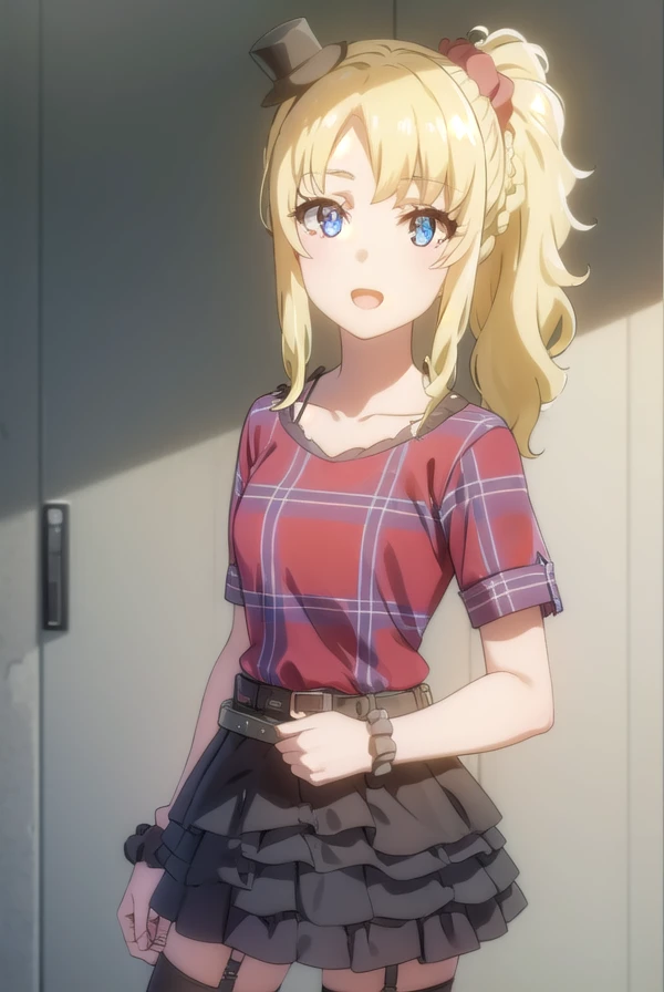 nodokatoyohama, <lora:nodoka toyohama s1-lora-nochekaiser:1>,
nodoka toyohama, bangs, blue eyes, blonde hair, hair ornament, sidelocks, side ponytail, scrunchie, hair scrunchie, blue scrunchie, braid, smile, open mouth,
BREAK skirt, shirt, thighhighs, hat, jewelry, belt, black thighhighs, bracelet, garter straps, mini hat, top hat, layered skirt, idol, mini top hat, (red shirt:1.2), collarbone,
BREAK indoors, concert,
BREAK looking at viewer, (cowboy shot:1.5),
BREAK <lyco:GoodHands-beta2:1>, (masterpiece:1.2), best quality, high resolution, unity 8k wallpaper, (illustration:0.8), (beautiful detailed eyes:1.6), extremely detailed face, perfect lighting, extremely detailed CG, (perfect hands, perfect anatomy),