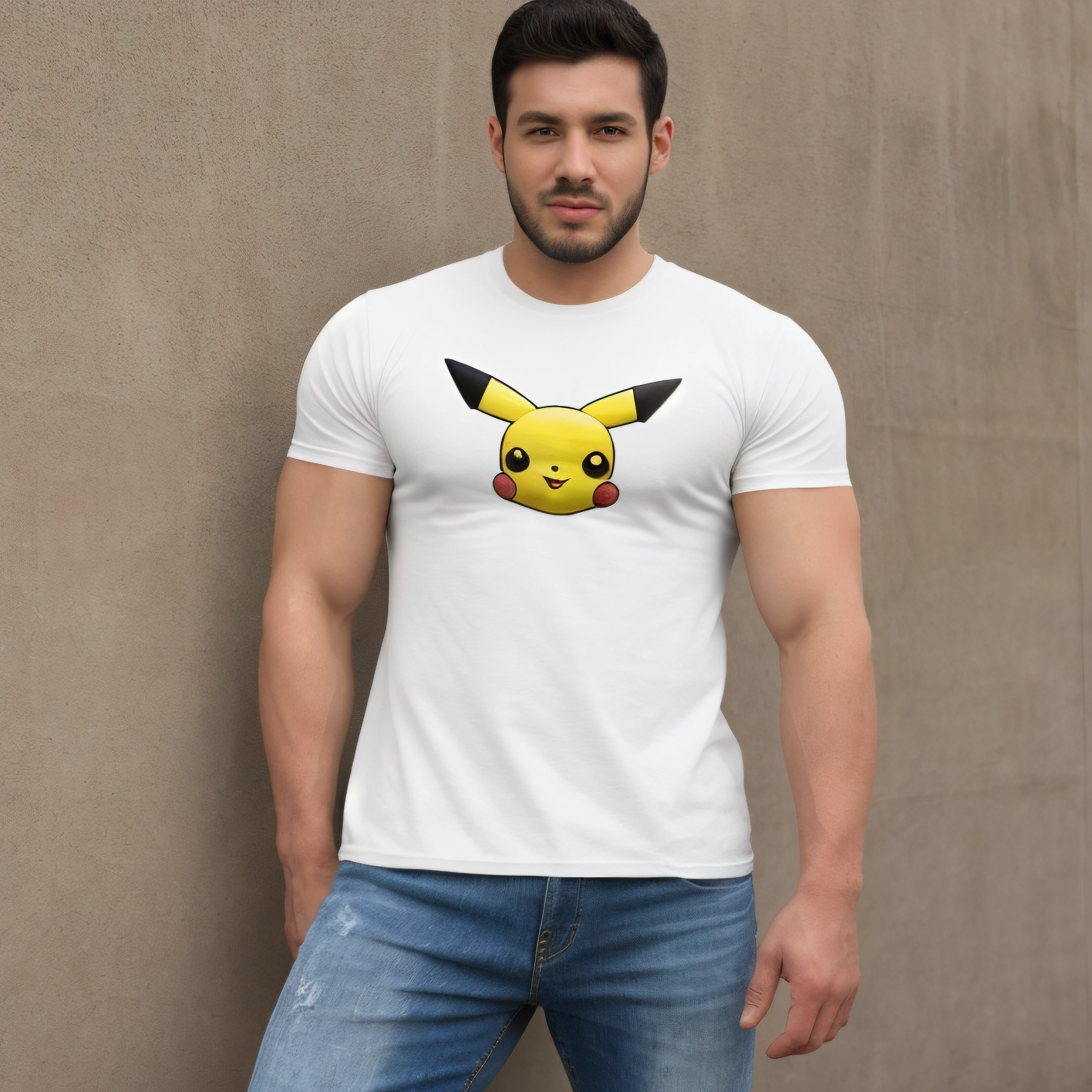 1male, face, realistic, ultra quality, highly detailed, ultra HD realistic, ultra quality, highly detailed, ultra HD, <lora:T-shirtsMale:0.6>, (t-shirt white), pikachu print,