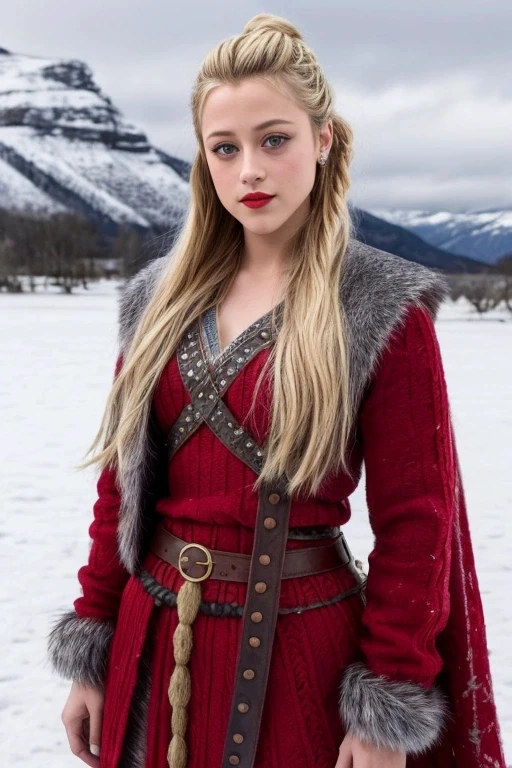 Lili Reinhart,wearing a viking outfit, serious look,red lips, snow in the background, winter season, photorealistic, realistic
