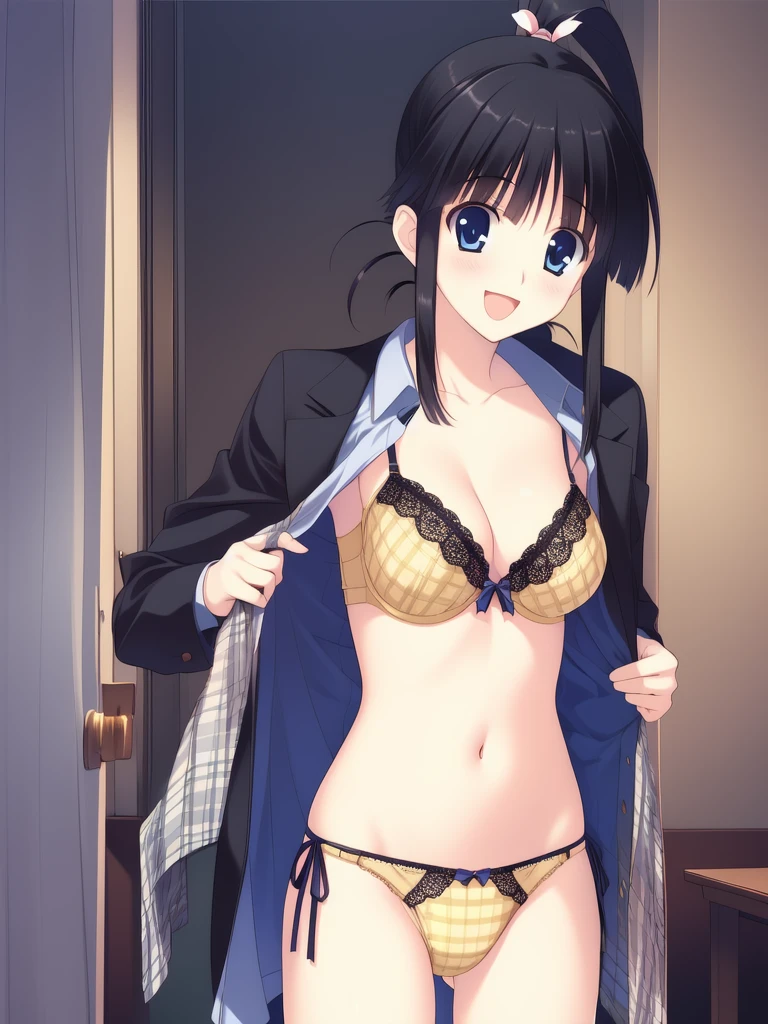 <lora:Sugiura_Koharu:0.8>, Koharu, 1girl, underwear, solo, panties, bra, blue eyes, black hair, lingerie, undressing, side-tie panties, navel, breasts, open mouth, shirt, yellow panties, ponytail, smile, underwear only, open clothes, cleavage, open shirt, :d, long hair, plaid panties, plaid,,
masterpiece, high quality, very_high_resolution, large_filesize, full color,