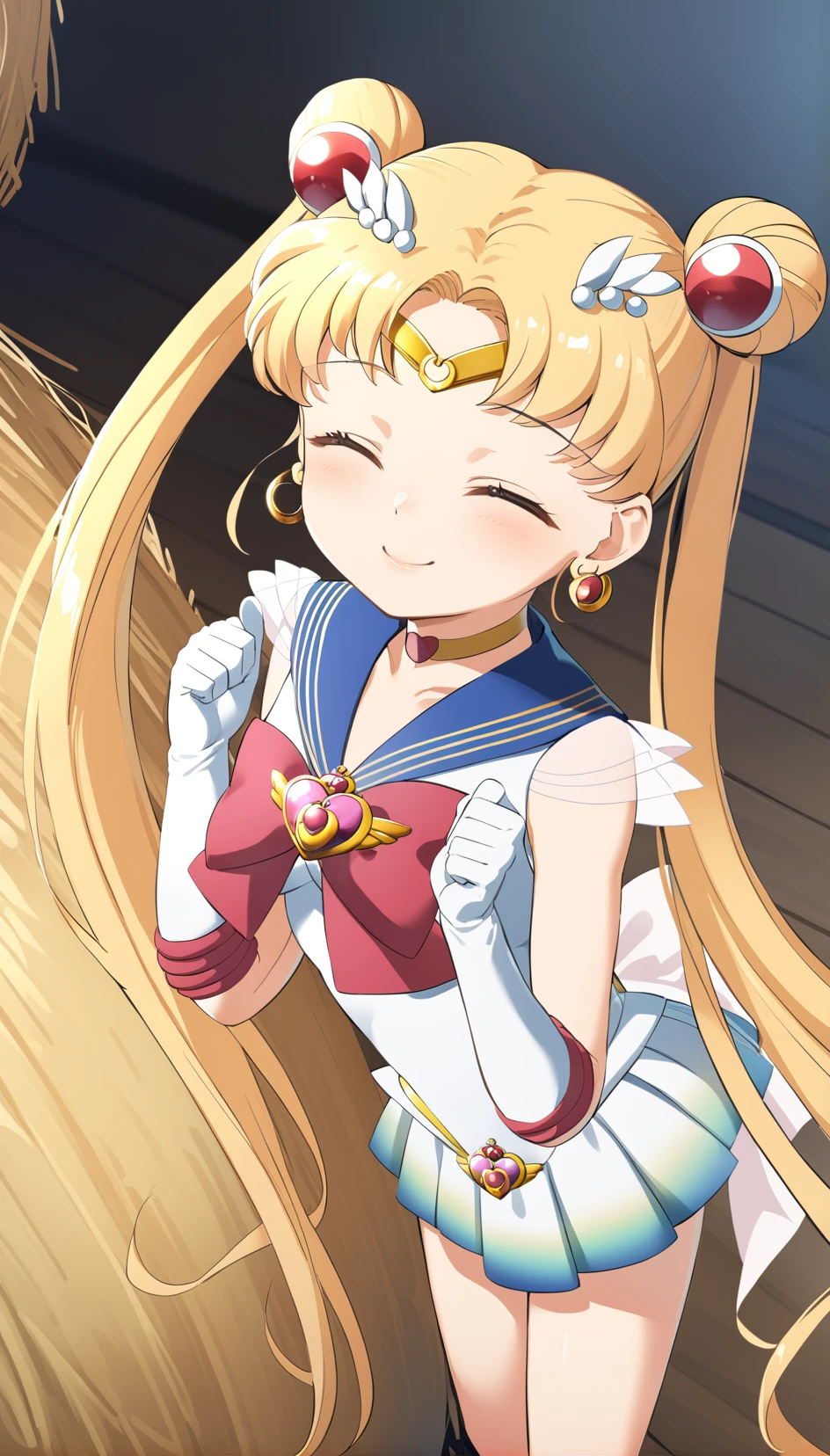 best quality, ultra-detailed, (1girl, solo,<lora:sdxl-supersailormoon-v1:1>, supersailormoon, double bun, twintails, circlet, earrings, choker, bow, gloves, leotard, miniskirt, closed eyes smile:1.2, relaxed posture, elbows extended, standing, ,), on a haystack