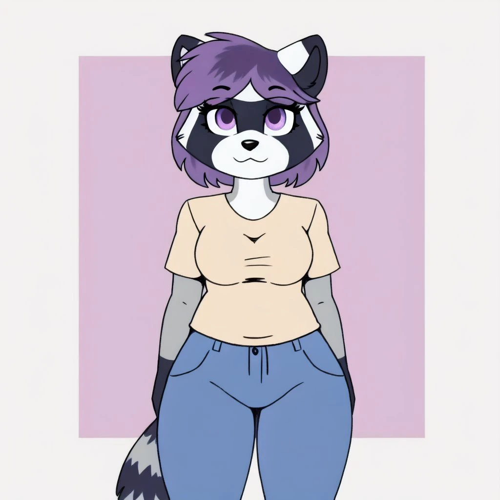 sabrina, furry female anthro, skunk girl, standing, (crossed arms:1.1), blush, (tail:1.2), blue t-shirt, black eyes, bottomless, solo, body fur, (best quality), (simple background:1.2), looking at another, (glasses:1.1), blush,