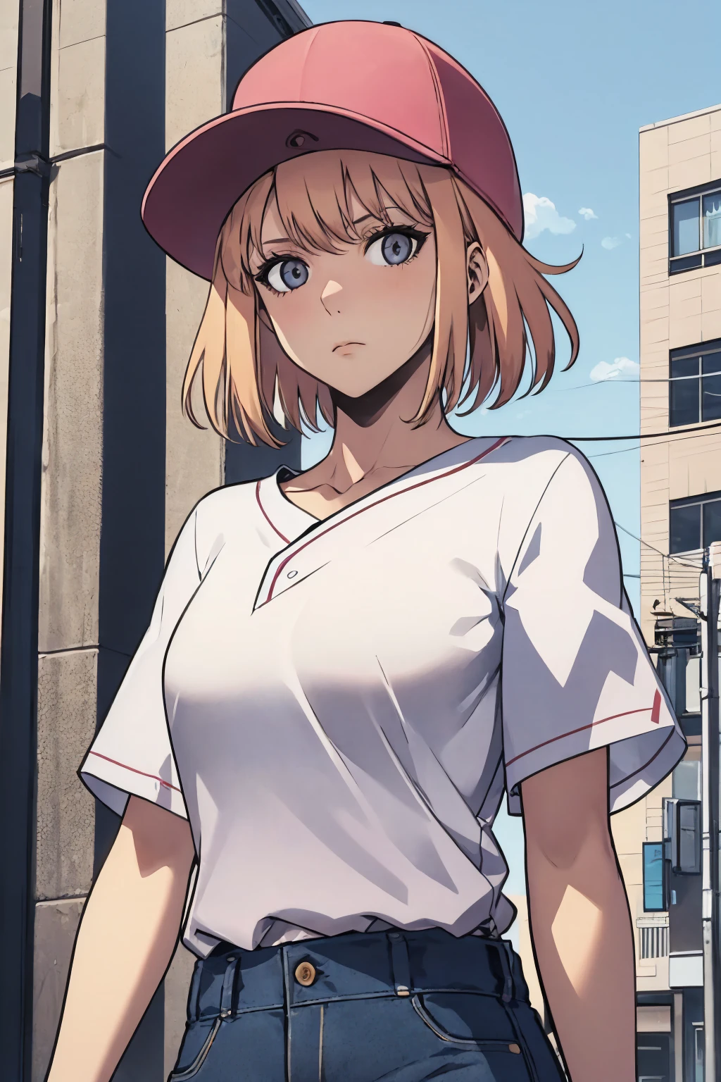 solo, 1girl, cha hae-in, expressionless, looking at viewer, pink headwear, baseball cap, white shirt, short sleeves, jeans, city street <lora:sololeveling_chahae-in-13:1>