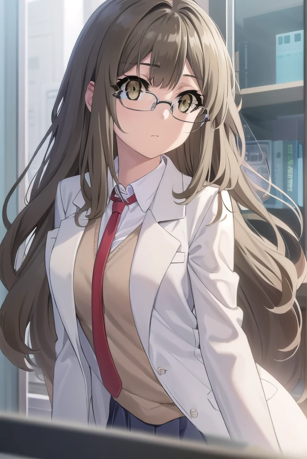 riofutaba, <lora:rio futaba s1-lora-nochekaiser:1>,
rio futaba, long hair, brown hair, (brown eyes:1.5), glasses,
BREAK skirt, shirt, school uniform, white shirt, pleated skirt, glasses, collared shirt, black skirt, vest, red necktie, labcoat, (white labcoat:1.2), brown vest,
BREAK indoors, classroom,
BREAK looking at viewer, (cowboy shot:1.5),
BREAK <lyco:GoodHands-beta2:1>, (masterpiece:1.2), best quality, high resolution, unity 8k wallpaper, (illustration:0.8), (beautiful detailed eyes:1.6), extremely detailed face, perfect lighting, extremely detailed CG, (perfect hands, perfect anatomy),