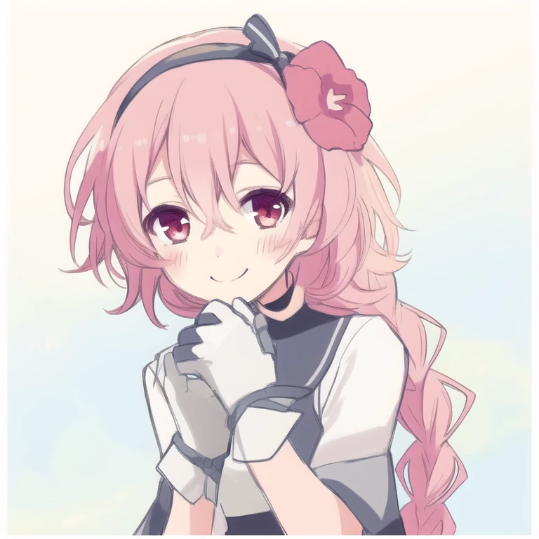 ast_dina, hair ribbon, braids, 1girl, solo, hairband, gloves, smile, hair flower, looking at viewer,upper body, blush