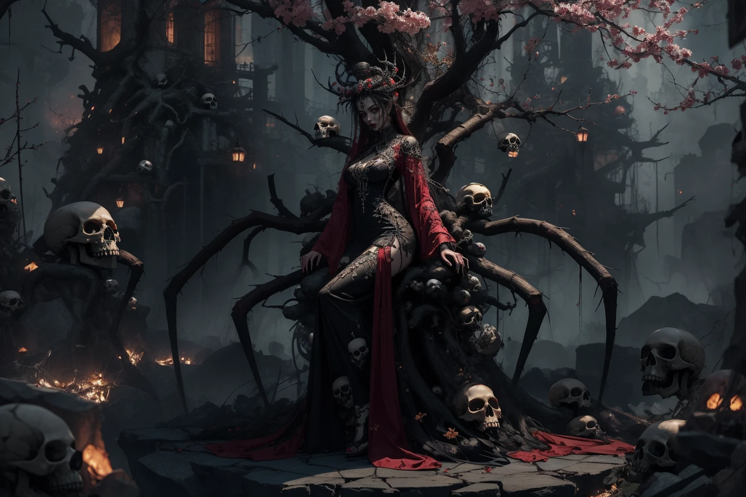 1girl,solo,full body,many skulls,tree,branch,outdoors,china dress,zhongfenghua,black_theme,spider legs,terror theme,spizzy,chinese architecture,forest,night,<lora:éº»è¢2024-023æ¡æé0.6-0.8:0.6>,<lora:æªç©å¥³çv1.1:0.6>,spider silk,, masterpiece,best quality,ultra-detailed,