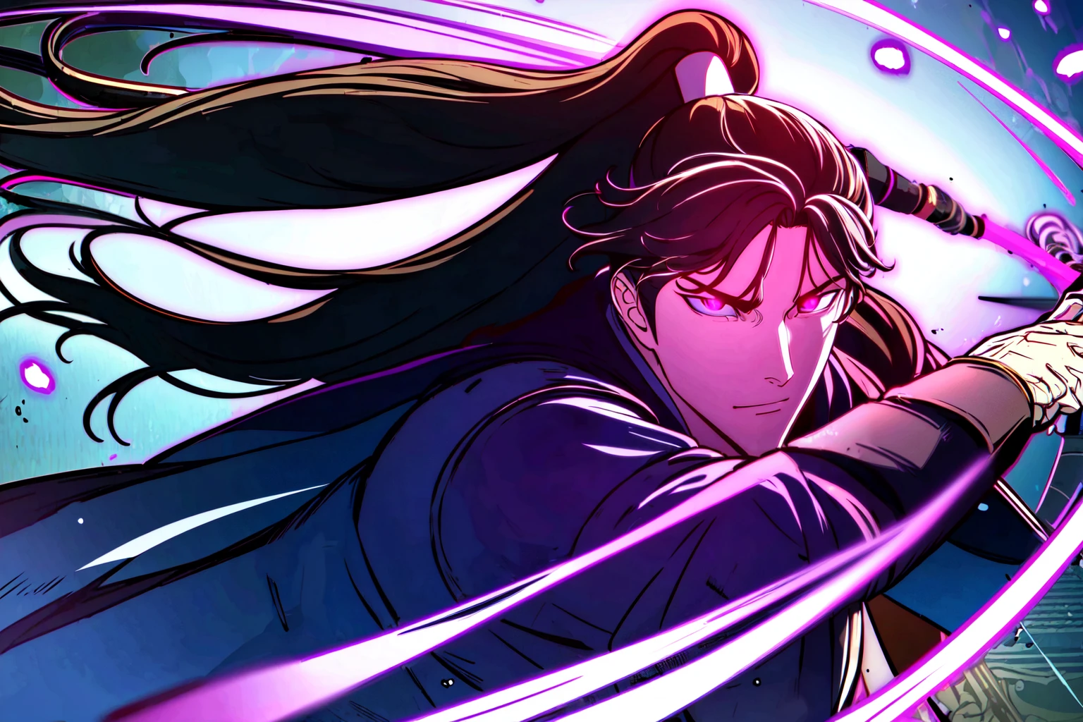 upper body, in figthing pose, dashing forward, dynamic pose, looking arrogant, holding dagger on hilt, dualwielding, running, beautiful eyes, beautiful man, high detail skin, high detail eyes, high detail hair, highres, ultra detailed, sharpen picture, Highly detailed, masterpiece, best quality, photorealistic,
<lora:JinSoHanLoRA:1> 1boy, ponytail, long hair, kimono, purple aura, purple eyes, holding dagger, dagger, poison magic, sword, holding sword