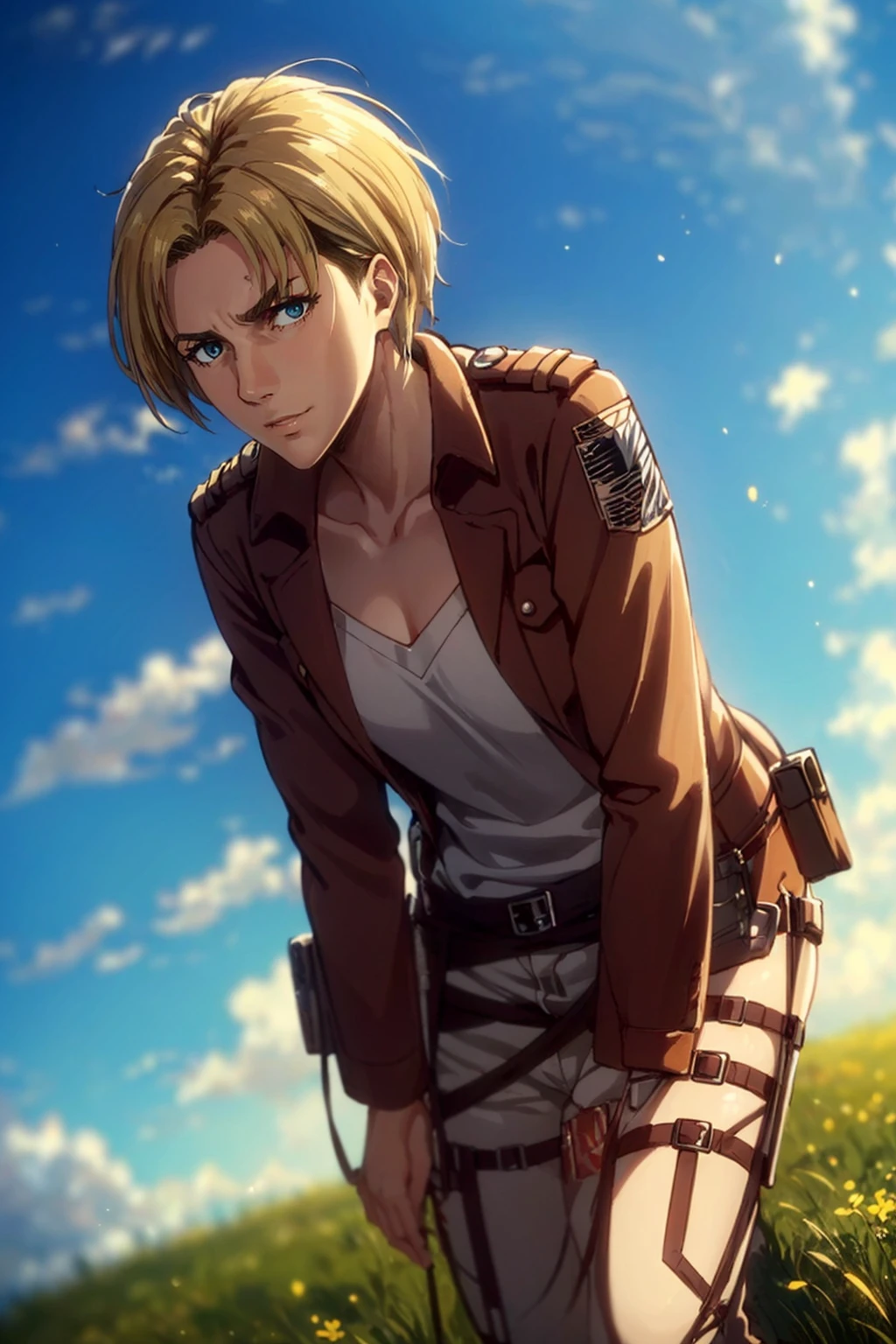 1girl,  solo,  Nanaba,  Attack on Titan,  blue eyes,  wore standard Survey Corps uniform with a light-colored v-neck underneath,  (blond hair,  short hair),  petite build,  beautiful,  handsome female,  charming,  alluring,  gentle expression,  soft expression,  calm,  smile (standing),  (full body in frame),  simple background,  green plains,  sky,  dawn light,  cinematic light,  perfect anatomy,  perfect proportions,  8k,  HQ,  HD,  UHD,  (best quality:1.5,  hyperrealistic:1.5,  photorealistic:1.4,  madly detailed CG unity 8k wallpaper:1.5,  masterpiece:1.3,  madly detailed photo:1.2),  (hyper-realistic lifelike texture:1.4,  realistic eyes:1.2),  picture-perfect face,  perfect eye pupil,  detailed eyes,  dynamic,  (dutch angle),  (side view),  AttackonTitan, perfecteyes,  Nanaba, 1 girl,<lora:EMS-498-EMS:0.200000>,<lora:EMS-269932-EMS:0.600000>,<lora:EMS-1093-EMS:0.600000>