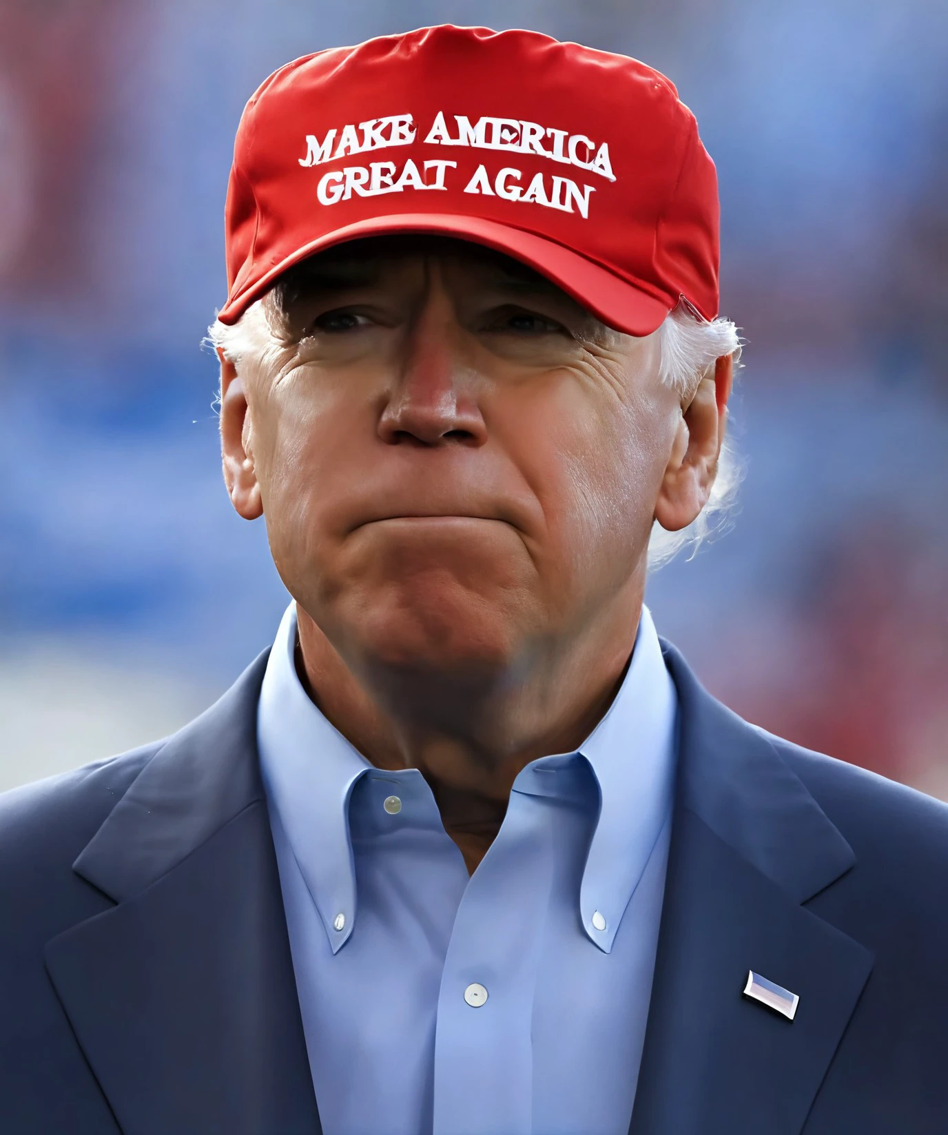man wearing red maga hat, centered, joe biden, looking at viewer, closeup, text "make america great again",
petrified,
highres, detailed, realistic, hat focus,
best quality, masterpiece, <lora:maga_hat_1-000120:1>