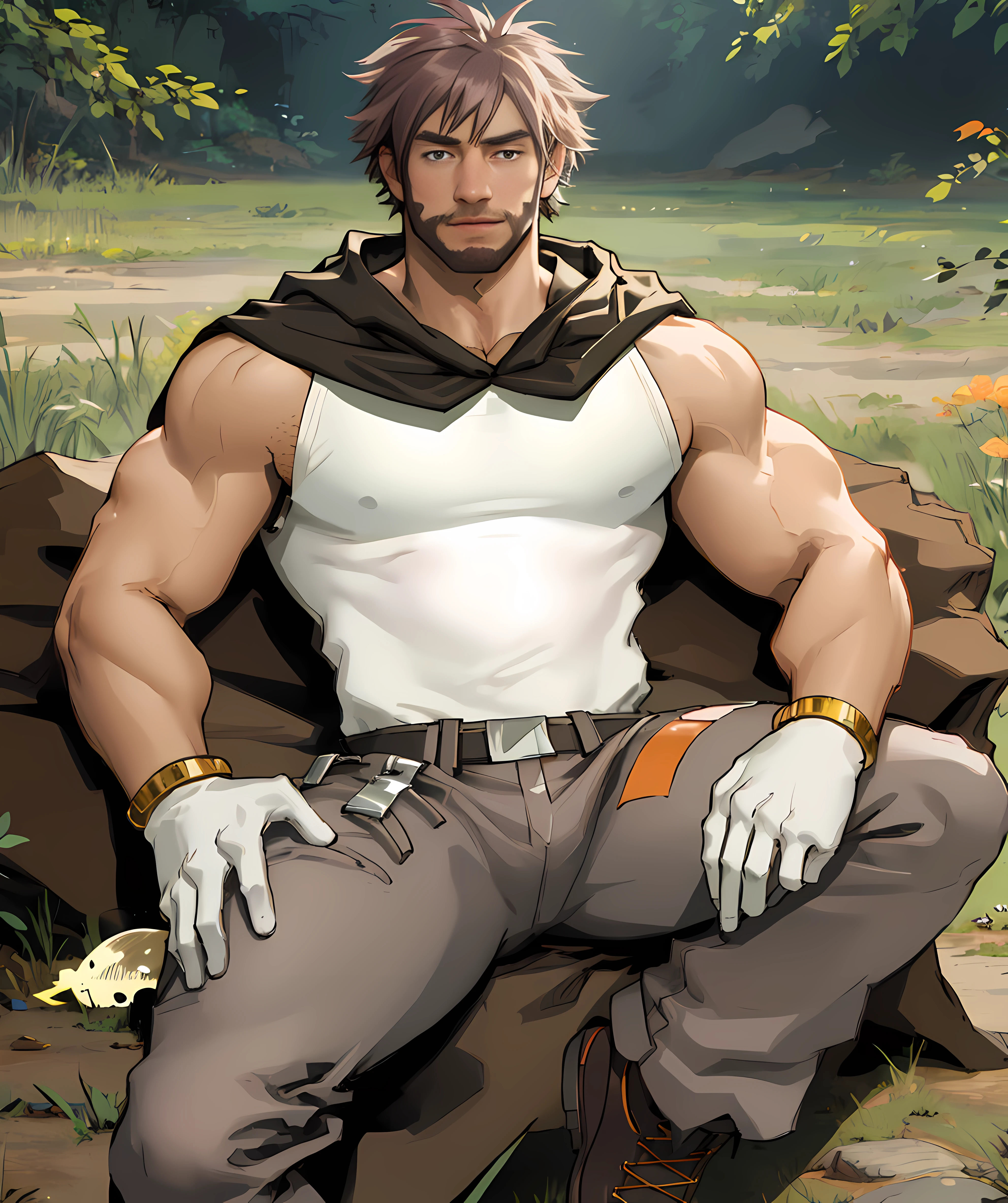 byron_pokemon, (standing), muscular, (beard, brown spiked hair), white gloves, (grey long pants, white tank top, cape), park, grass, sitting down on bench, looking at viewer <lora:Byron-15:0.85>