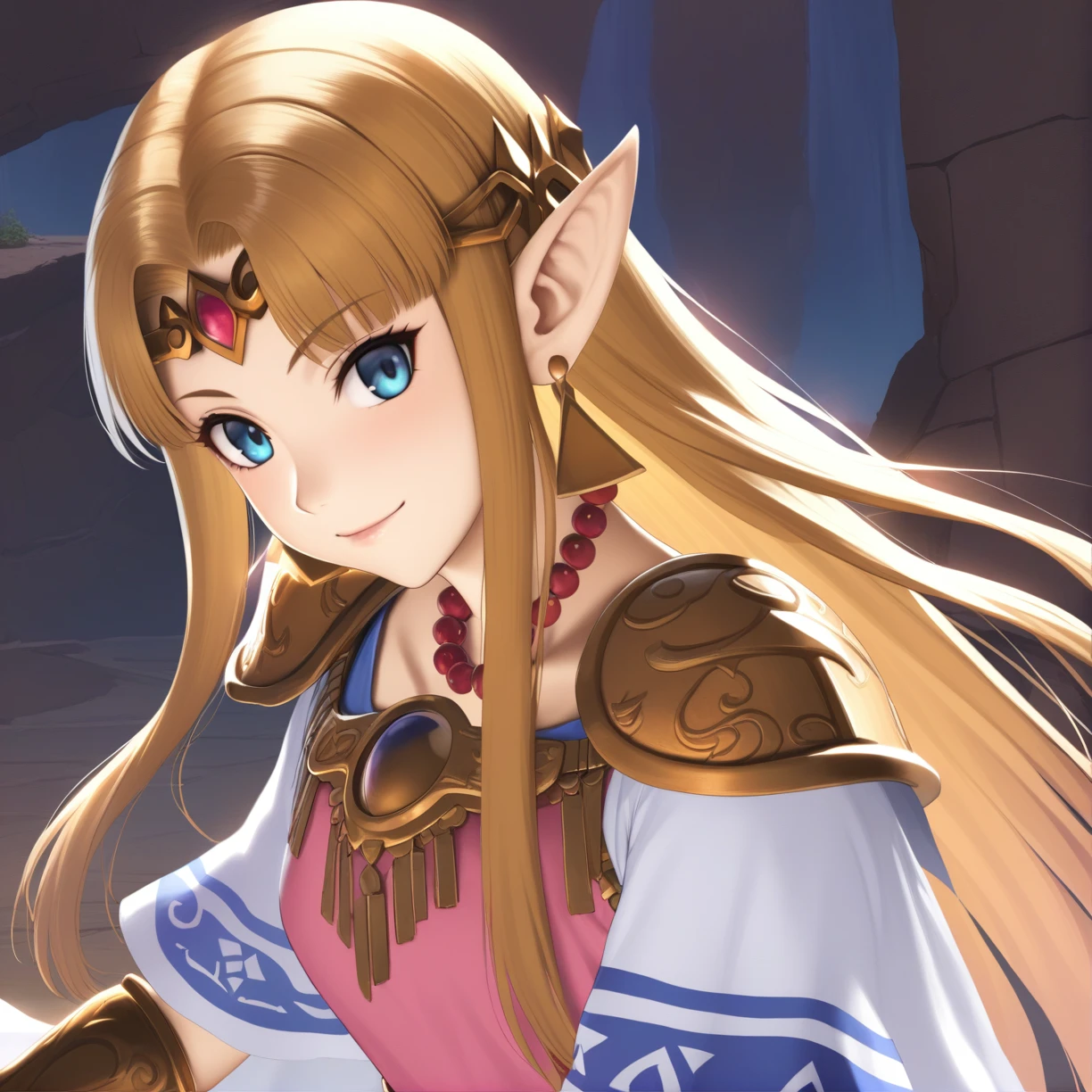 1girl, Princess_zelda_albw, the legend of zelda, solo, rating: general, ultra high res, high resolution, highly detailed, perfect lighting, upper body, parted bangs, blonde hair, long hair, straight hair, blue eyes, pointy ears, armor, shoulder armor, shoulder pads, dress, long dress, pink dress, white dress, long white skirt, brown footwear, knee boots, short sleeves, triforce earrings, jewelry, red bead necklace, golden forehead tiara, long golden bracelet, cloak, magic, looking at viewer, smile, (Anime:1.4), masterpiece, best quality <lora:Princess_zelda_albw_xl.v01:1:0.6:lbw=0,0,0,0,0,0,0,0,0,1,0,0,0,1,1,1,0,0,0,0,0,0,0,0,0,0>,