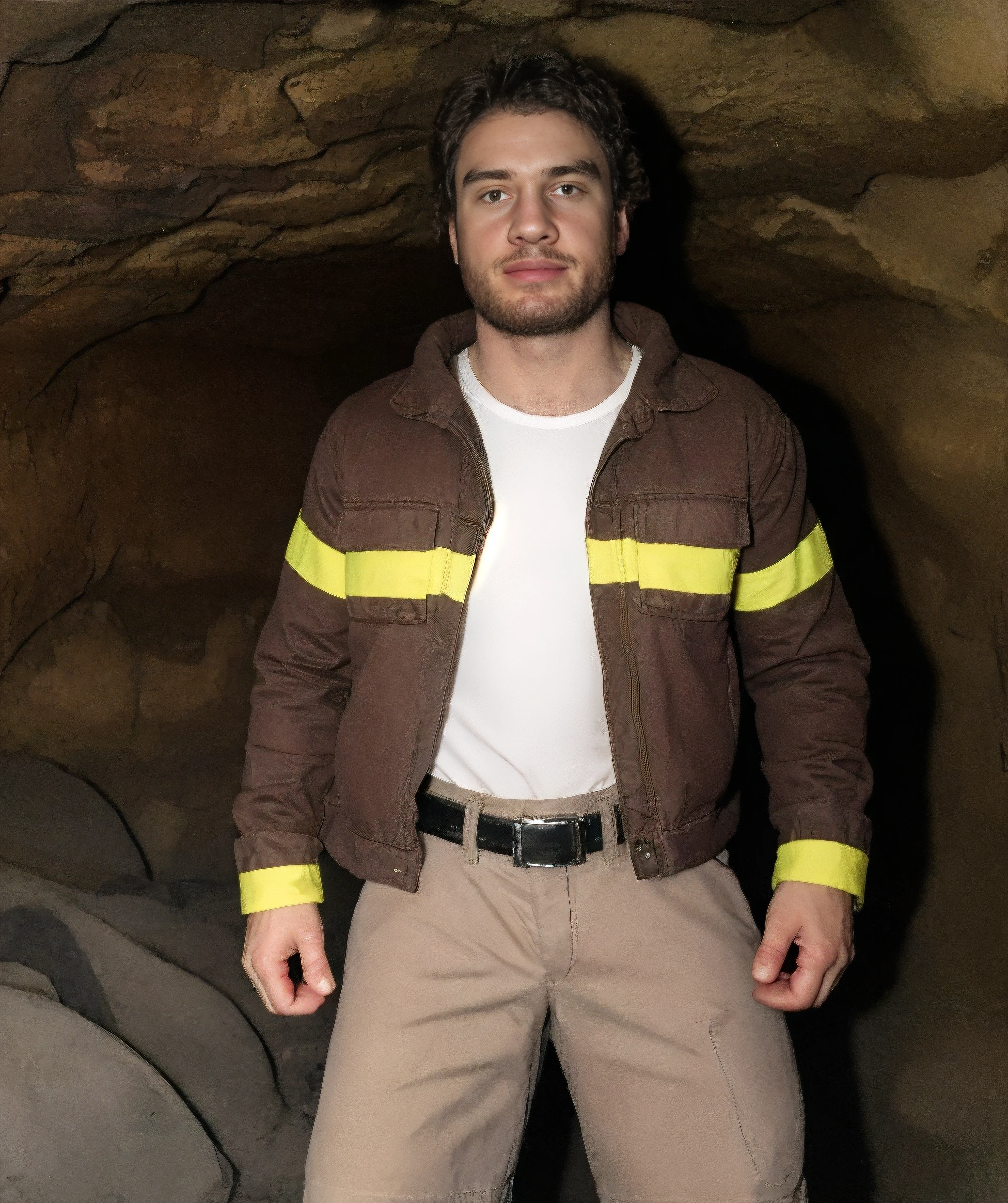 byron_pokemon, (standing), muscular, (beard), (mining jacket, mining outfit), cavern, looking at viewer <lora:Byron-15:0.85>