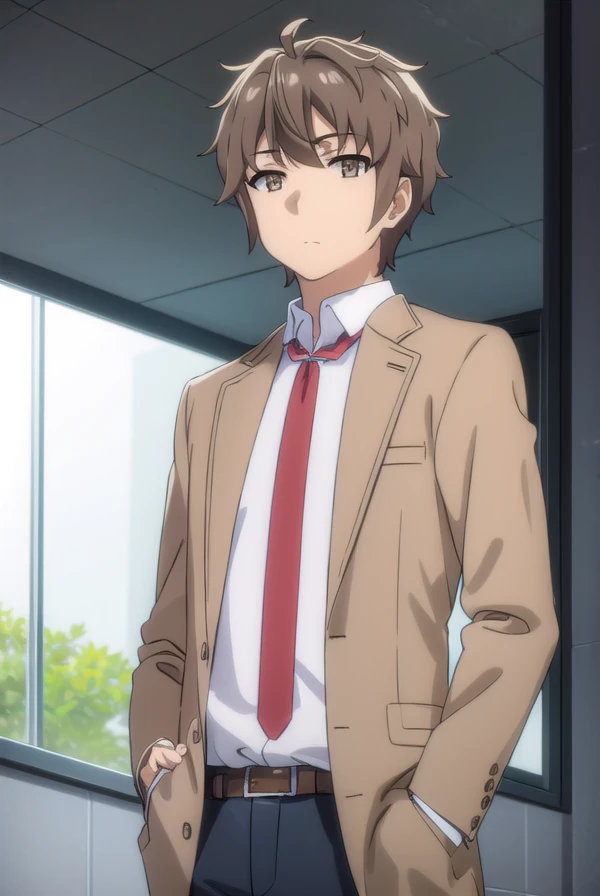 sakutaazusagawa, <lora:sakuta azusagawa s1-lora-nochekaiser:1>,
sakuta azusagawa, short hair, brown hair, (brown eyes:1.5), male focus,
BREAK shirt, long sleeves, school uniform, jacket, white shirt, open clothes, necktie, belt, pants, blazer, red necktie, brown jacket,
BREAK indoors, classroom,
BREAK looking at viewer, (cowboy shot:1.5),
BREAK <lyco:GoodHands-beta2:1>, (masterpiece:1.2), best quality, high resolution, unity 8k wallpaper, (illustration:0.8), (beautiful detailed eyes:1.6), extremely detailed face, perfect lighting, extremely detailed CG, (perfect hands, perfect anatomy),