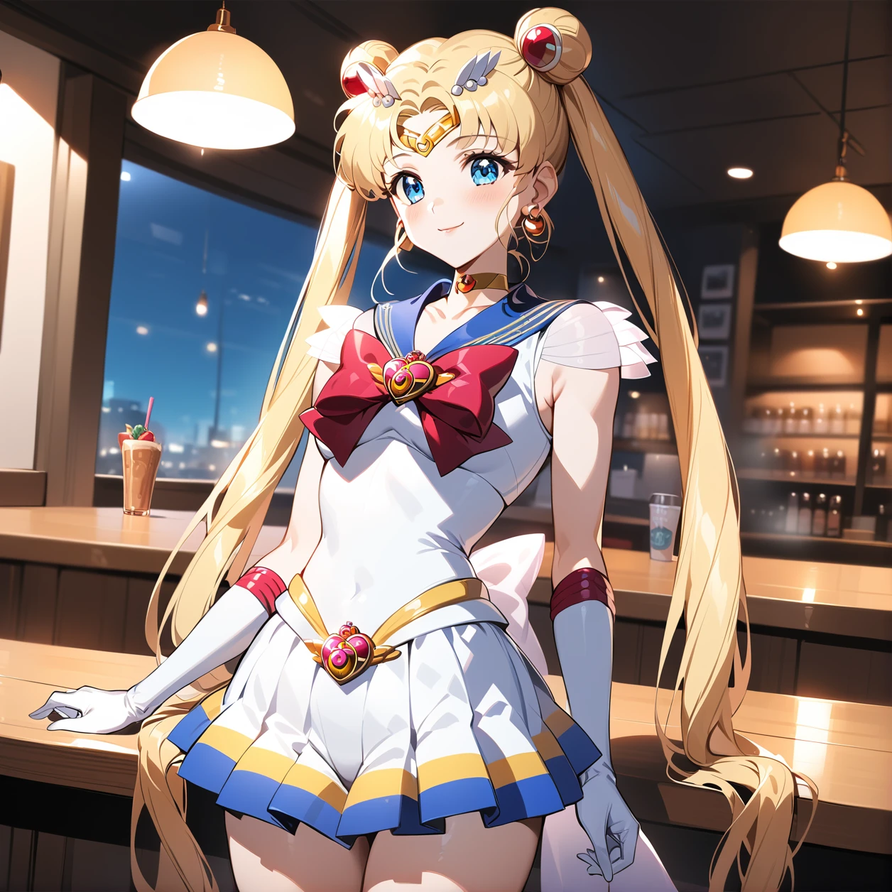 best quality, ultra-detailed,  (1girl, solo,<lora:sdxl-supersailormoon-v1-2:1>, supersailormoon, double bun, twintails, circlet, earrings, choker, bow, gloves, leotard, miniskirt, standing ,,kind smile, ), in a cafe