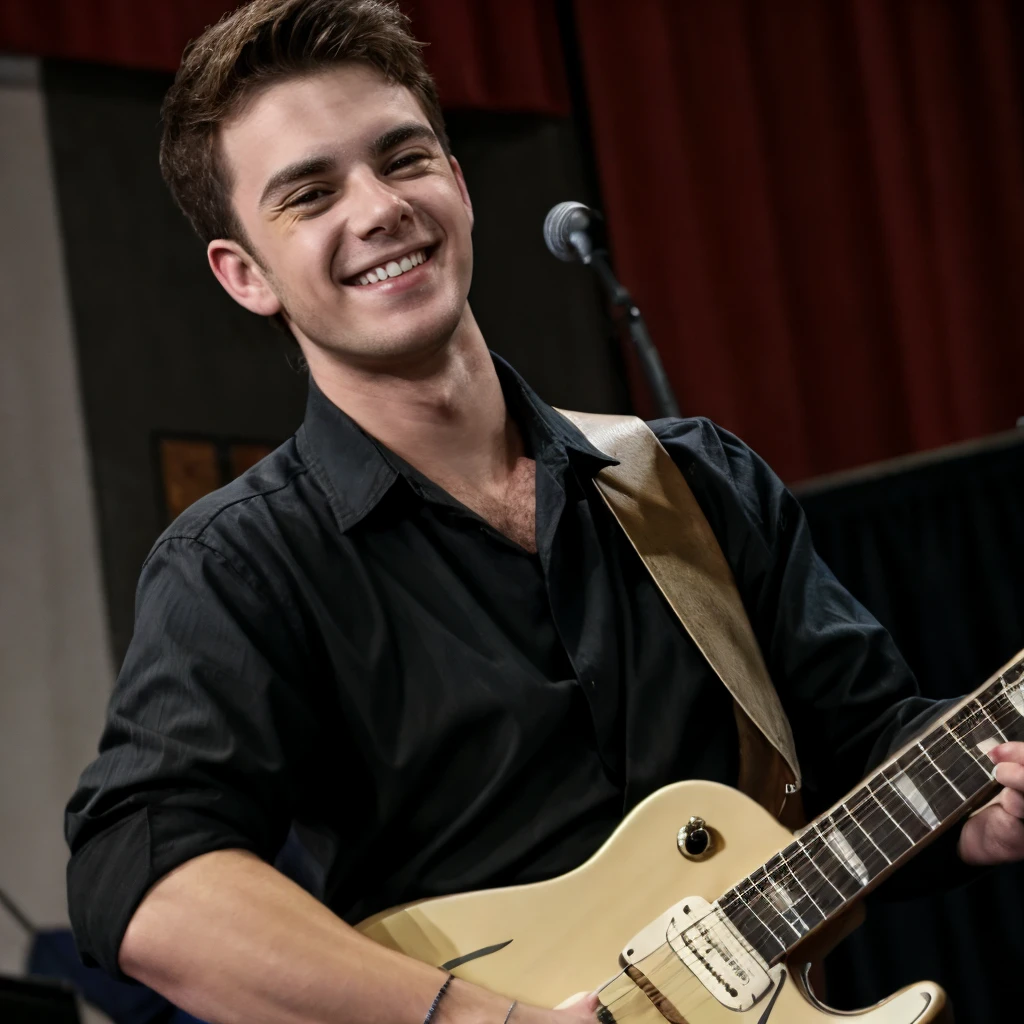 araffed young man in leather jacket playing guitar on stage, youtube video screenshot, david marquez, playing guitar onstage, inspired by Bob Singer, jamie coreth, singer in the voice show, caio santos, miguel iglesias, he is a rockstar, arian mark, promo still, asher duran, diego fernandez, holding guitars, nick drnaso