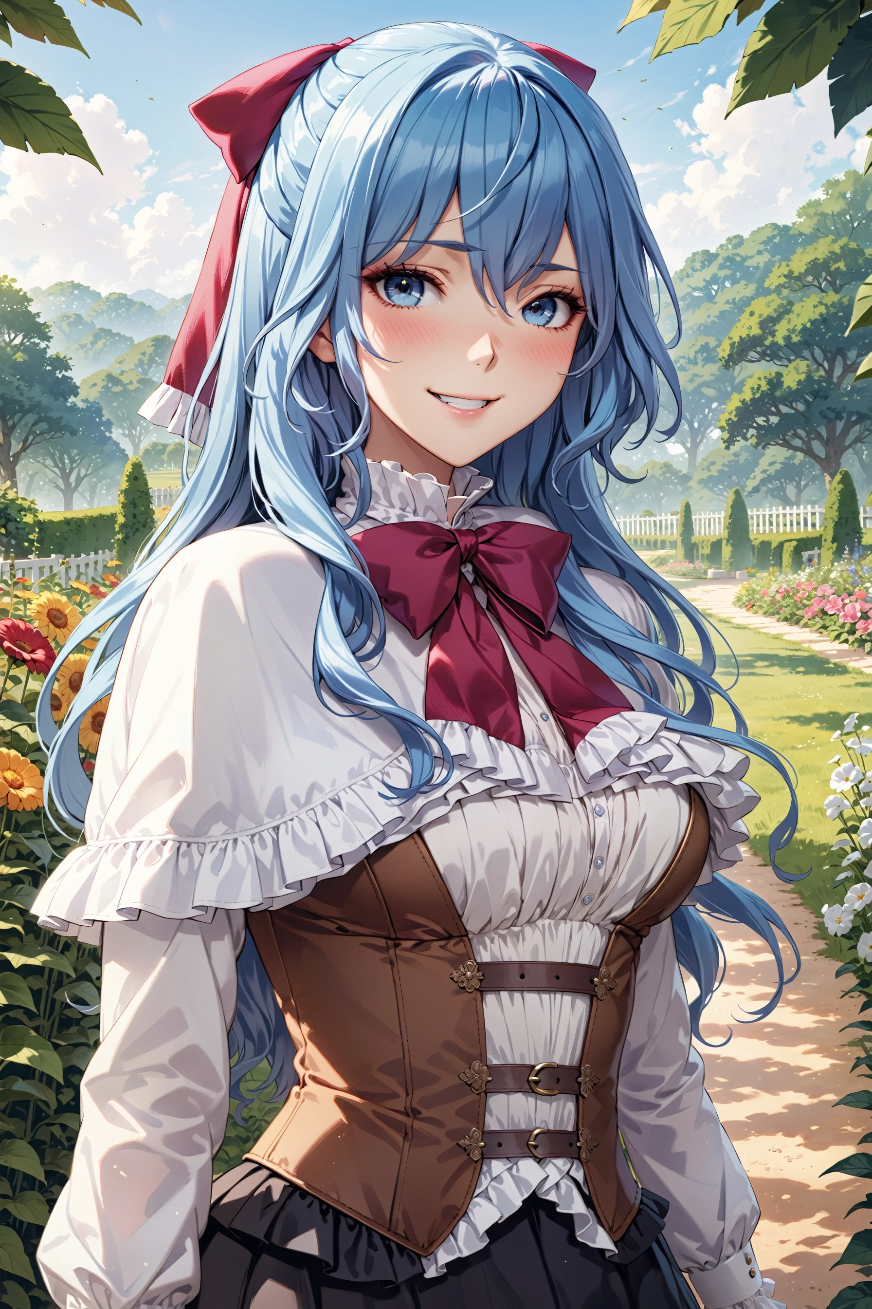 (masterpiece, best quality, ultra detailed), intricate details, naughty face, solo, standing, sgliselotte, blue hair, blue eyes, frills, (white capelet:1), red bow, hair bow, white shirt, black skirt, long sleeves, brown corset, garden field background  <lora:liselotte-animaginexl-1:0.8>