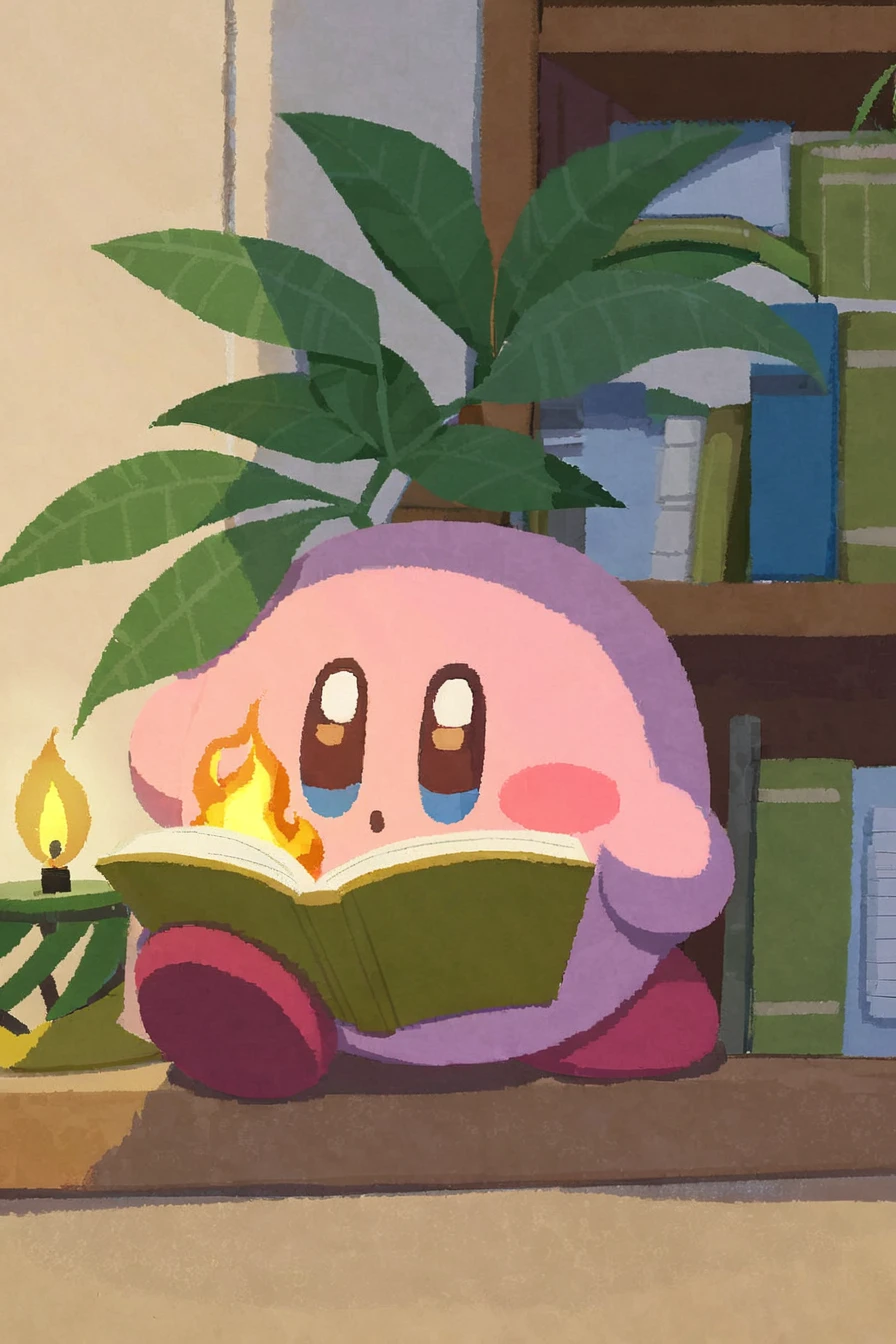 Ara love kirby style, kirby, book, bookshelf, candle, no humans, reading, leaf, blue eyes, open book, plant, solo, fire, indoors, holding, blush stickers, flame, sitting, holding book, shadow