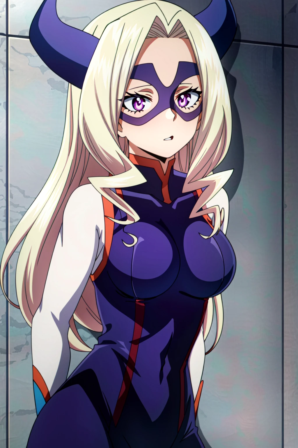 (extremely detailed CG unity 4k wallpaper),(masterpiece),(best quality),(ultra-detailed),(best illustration),(best shadow),(absurdres),(detailed background), <lora:OGT_MT_Lady-v1:0.7> Yu Takeyama, 1girl, horns, blonde hair, solo, long hair, mask, retro artstyle, blush, drill hair, bodysuit, domino mask, anime coloring, parted lips, 1990s (style), breasts, purple eyes